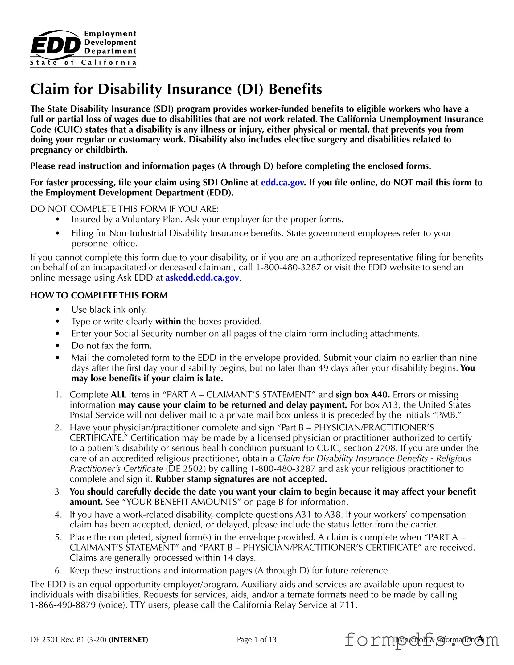 Blank EDD DE 2501 PDF Form