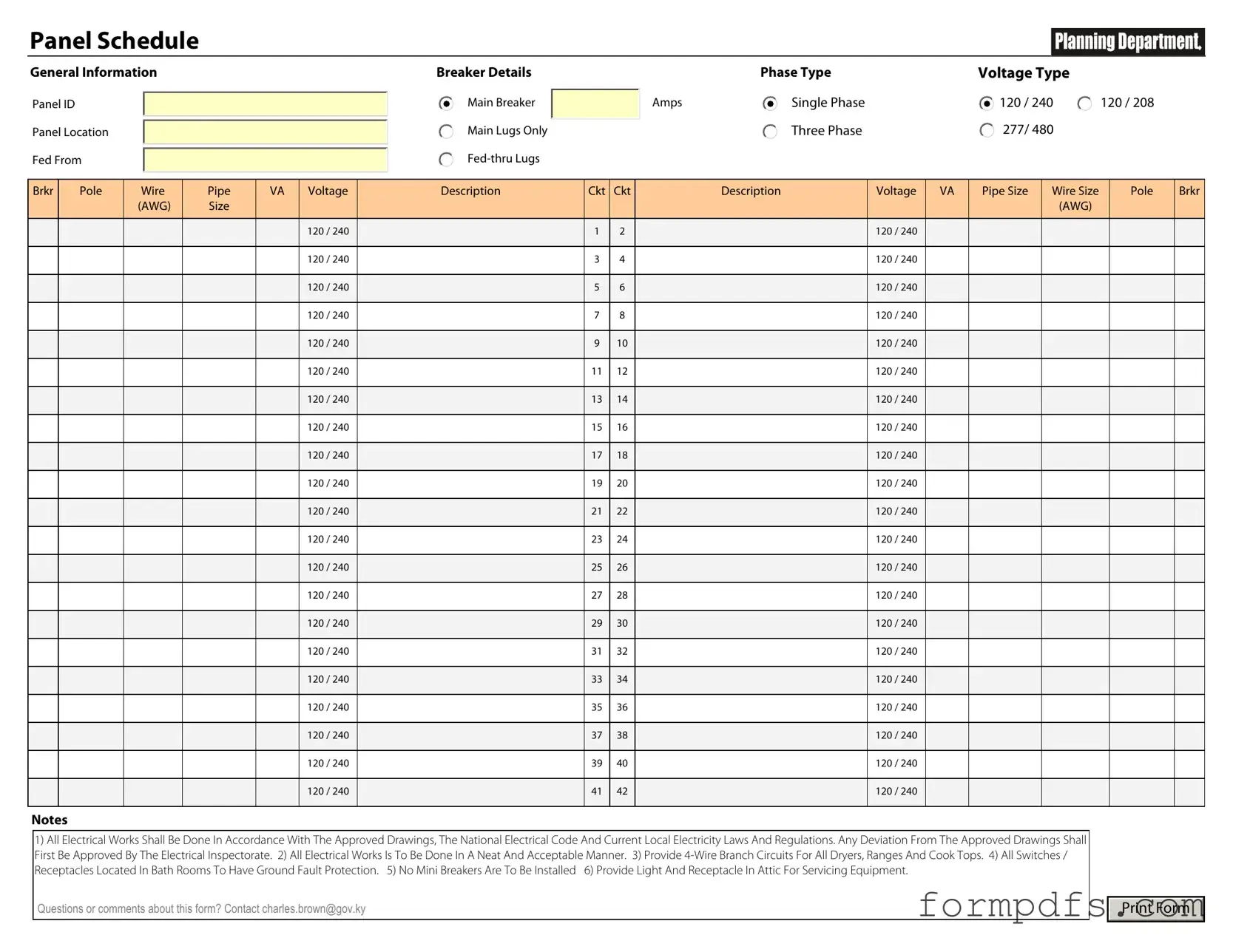 Blank Electrical Panel Schedule PDF Form