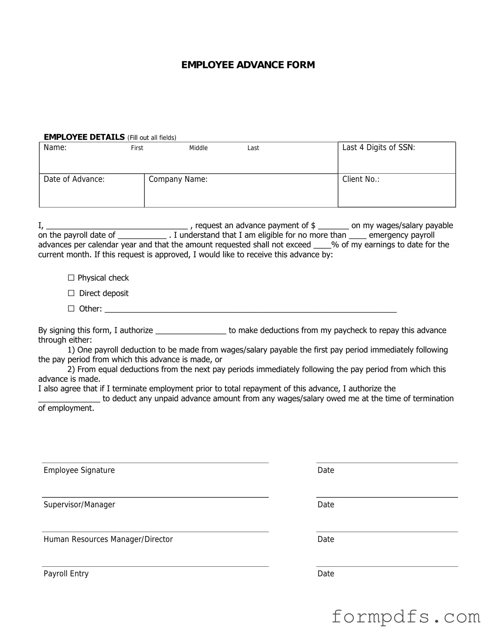 Blank Employee Advance PDF Form