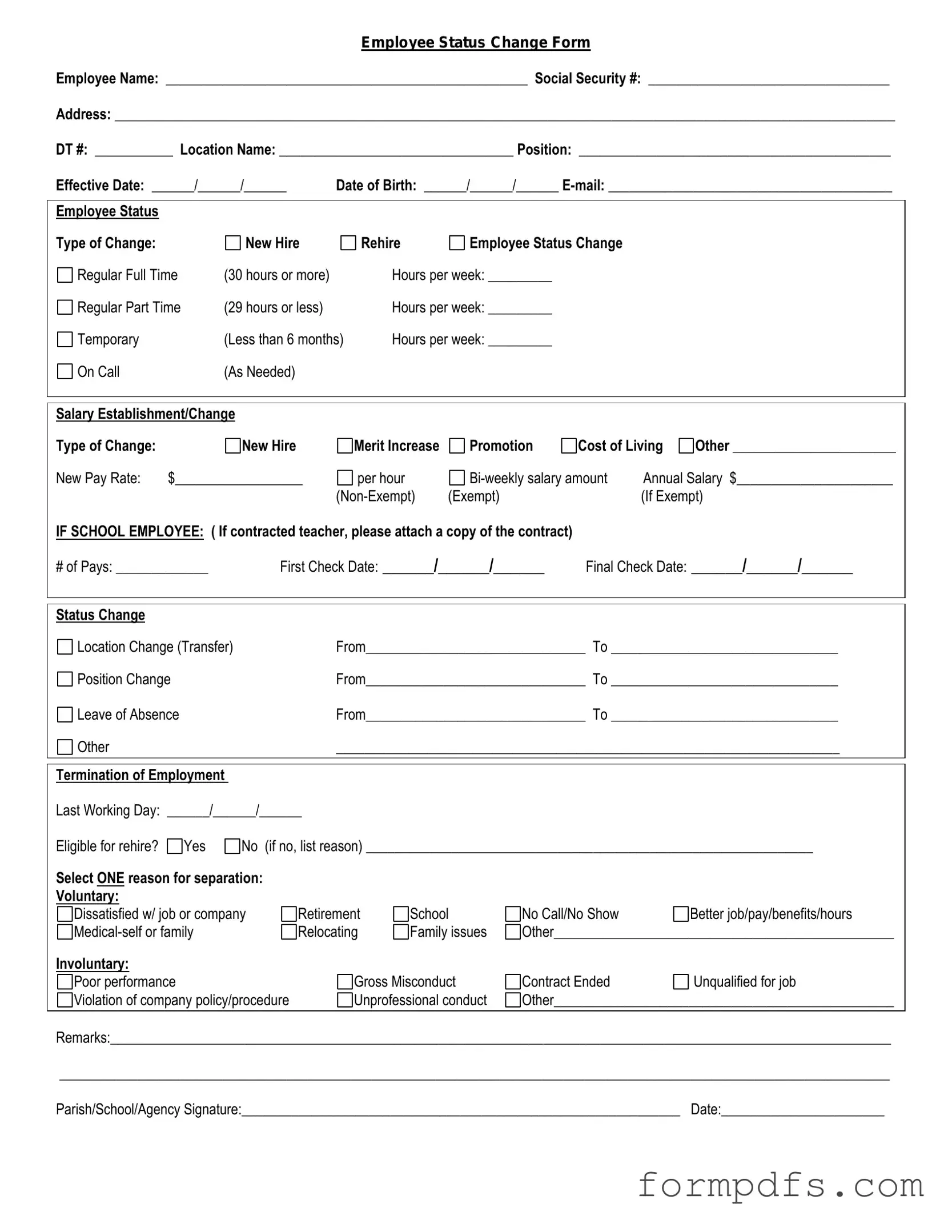 Blank Employee Status Change PDF Form