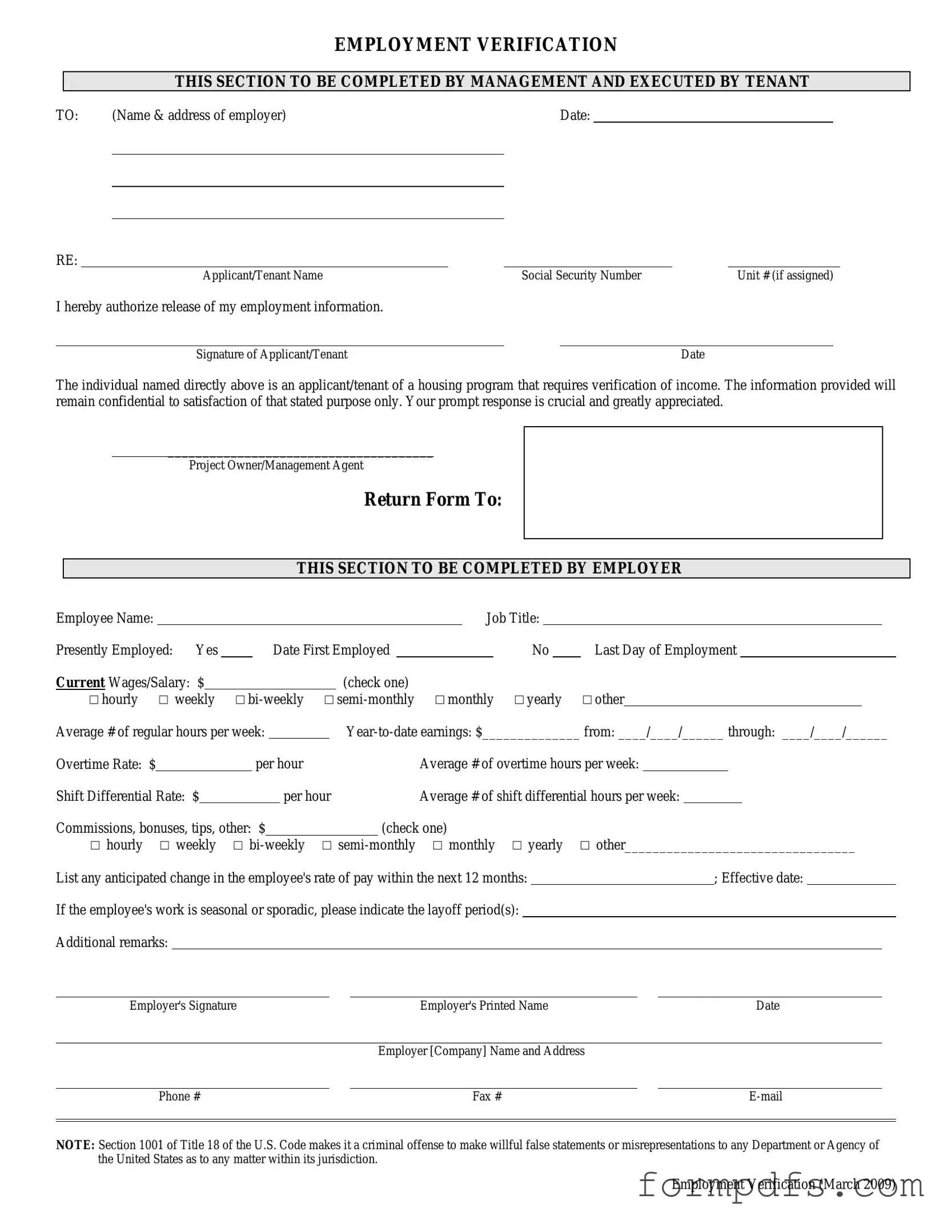 Blank Employment verification form PDF Form