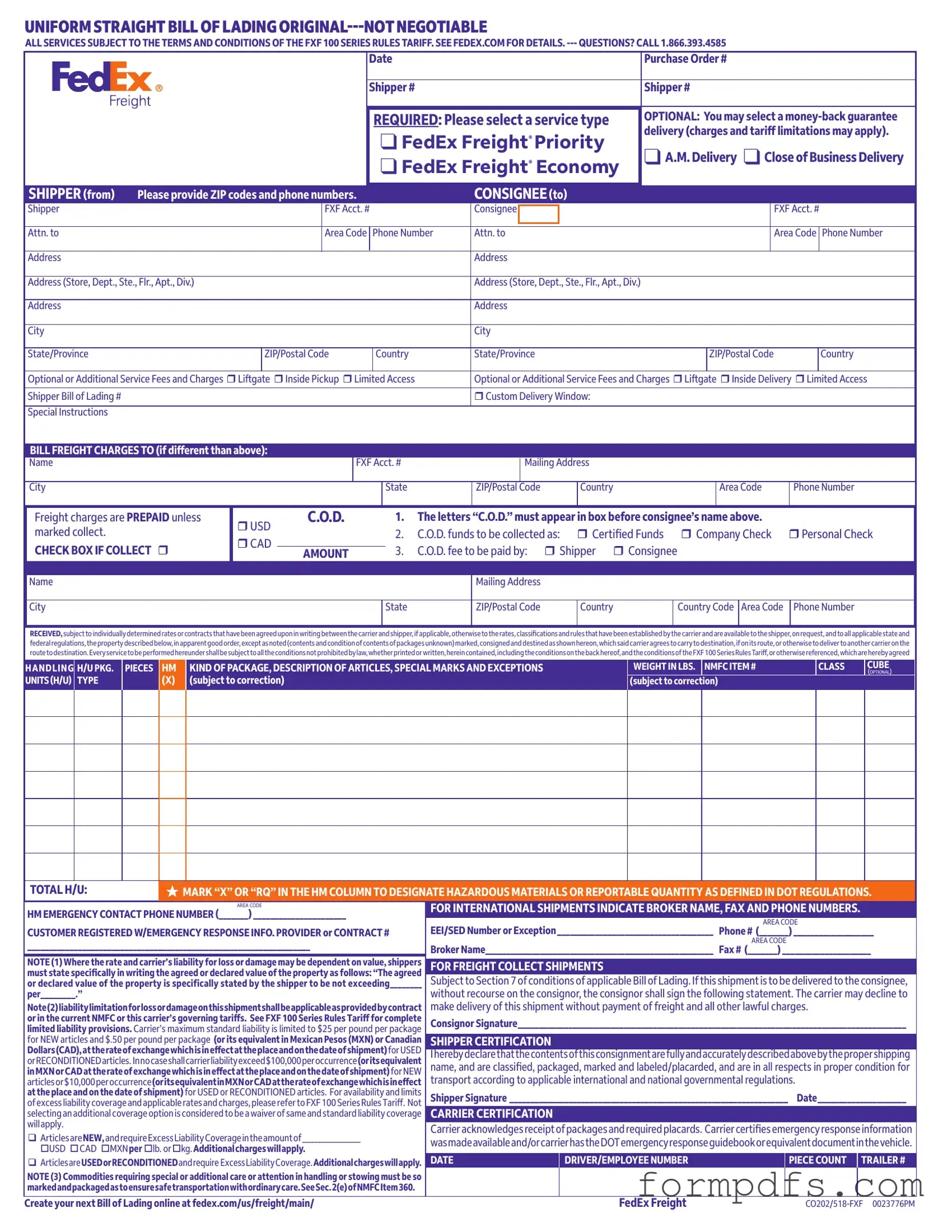 Blank Fedex Bill Of Lading PDF Form