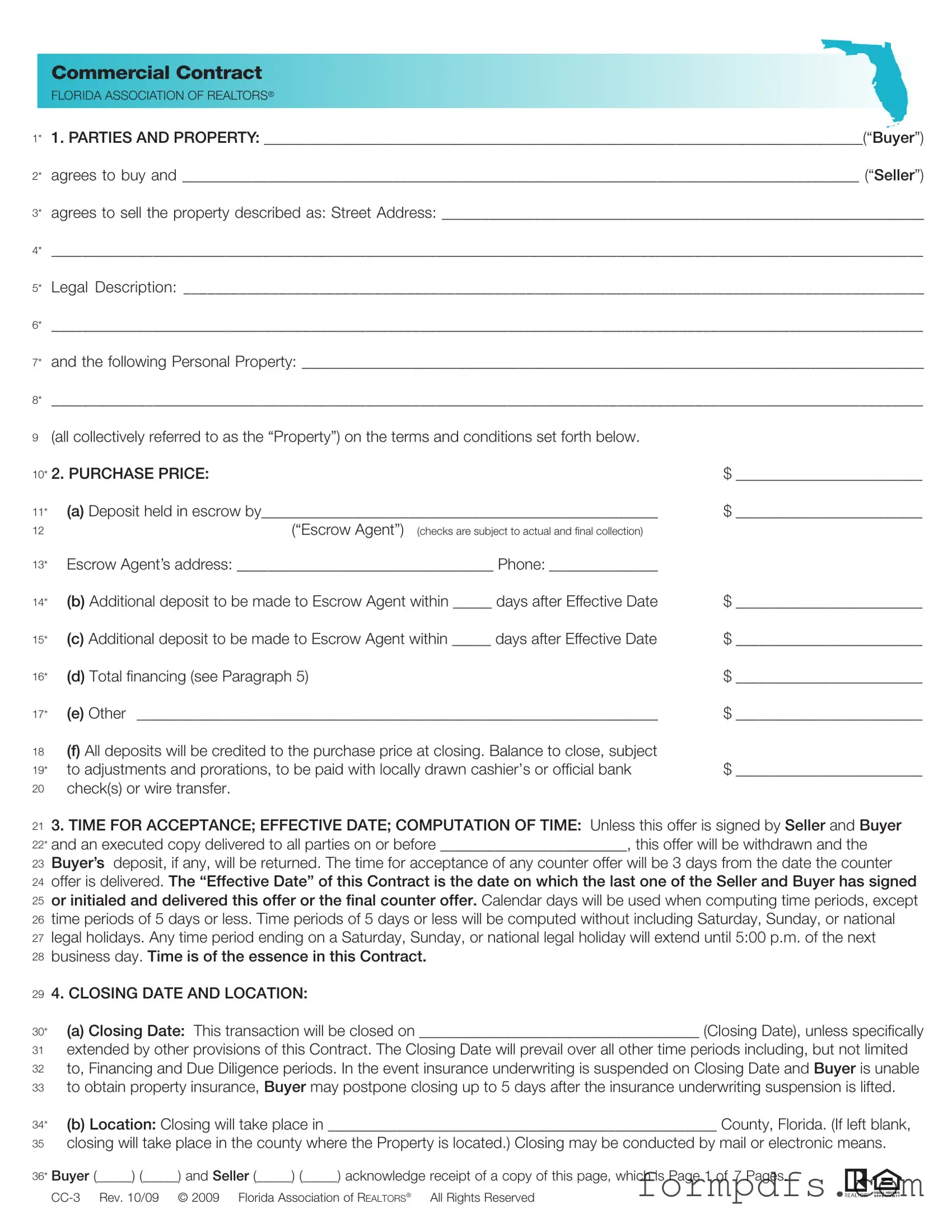 Blank Florida Commercial Contract PDF Form