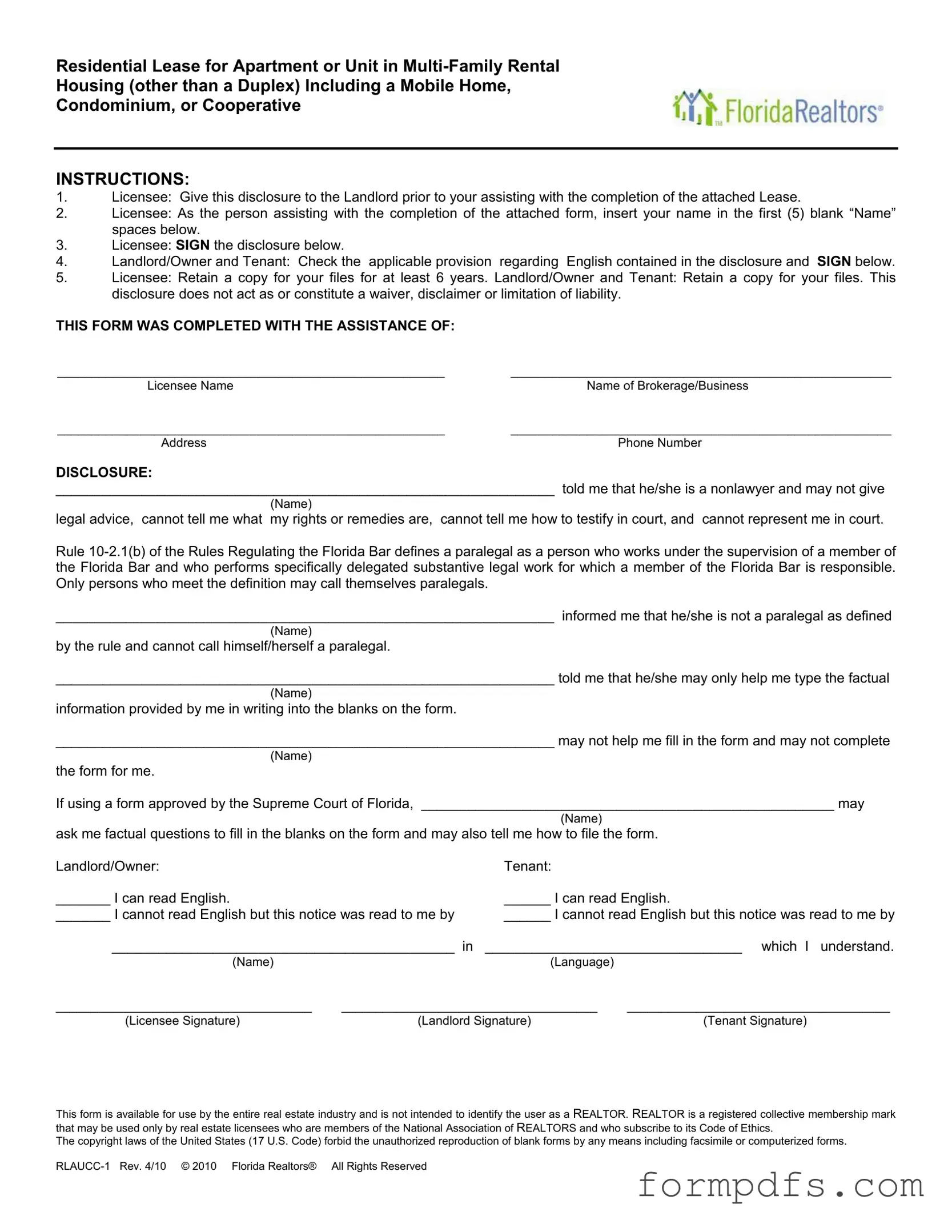 Blank Florida Realtors Residential Lease PDF Form