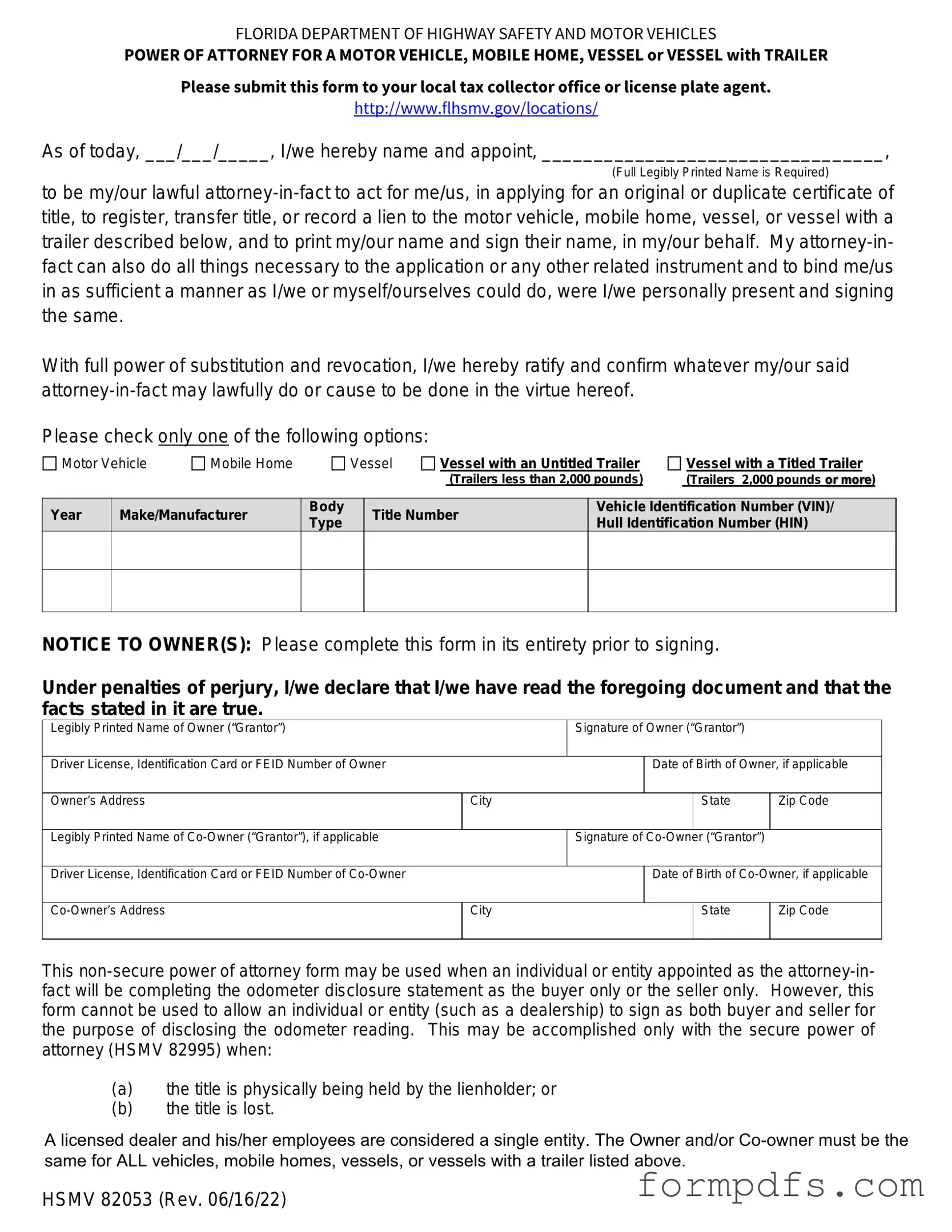 Blank Florida Vehicle POA form 82053 PDF Form