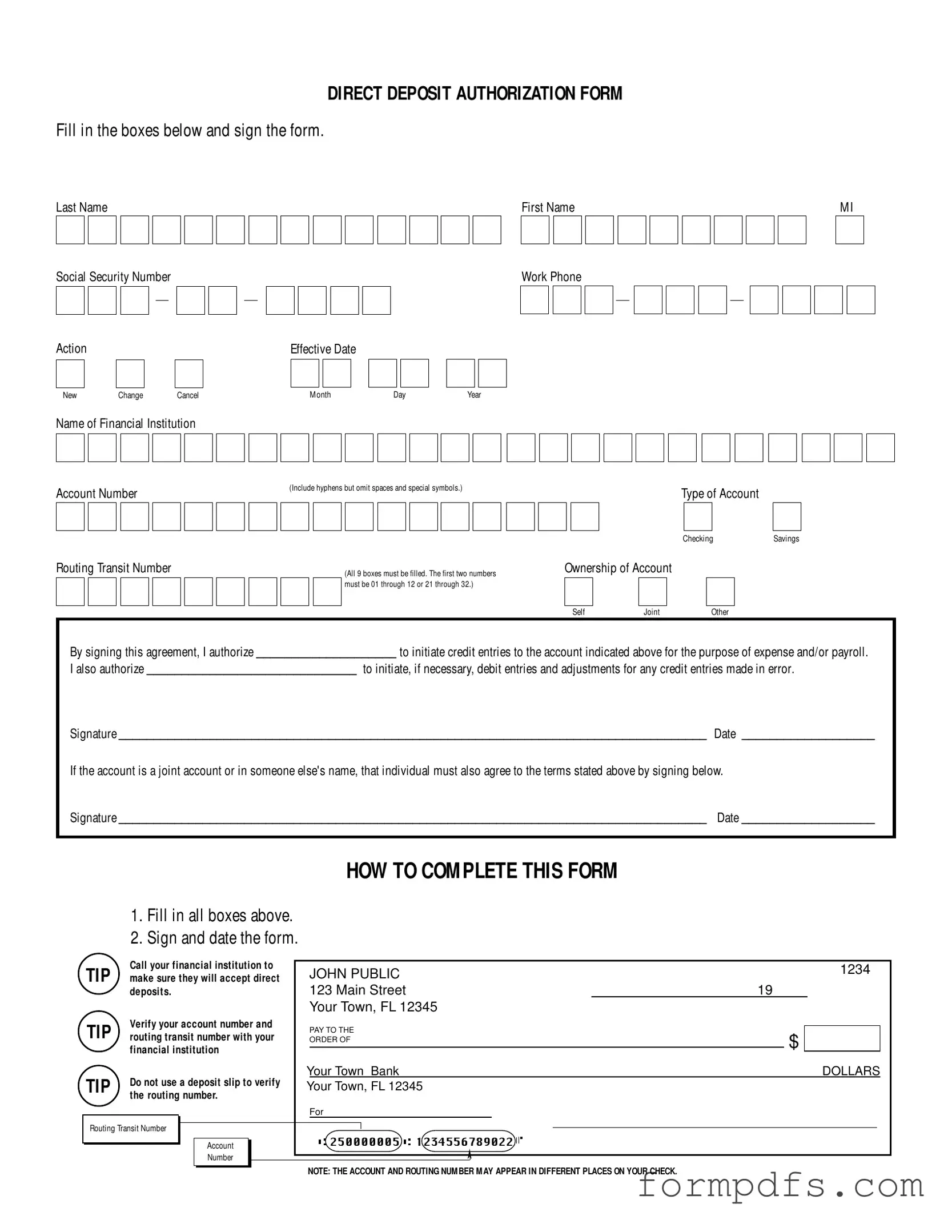 Blank Generic Direct Deposit PDF Form