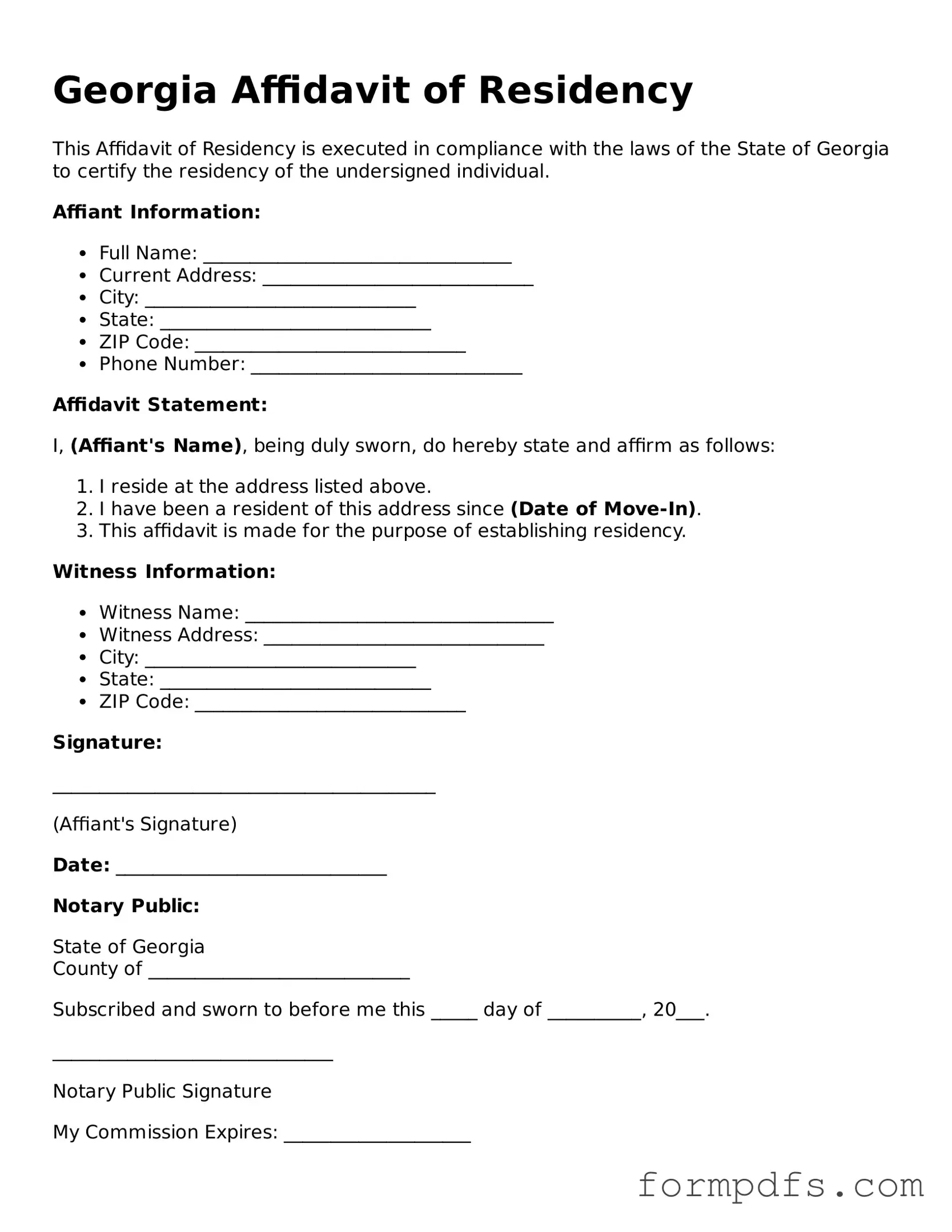Printable Affidavit of Residency Form for the State of Georgia