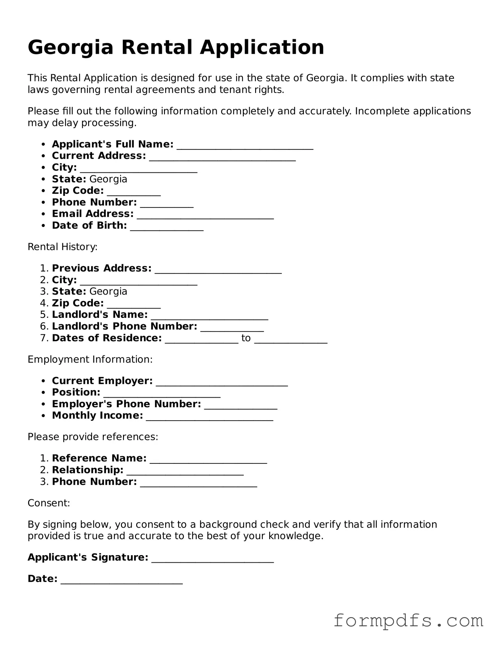 Printable Rental Application Form for the State of Georgia