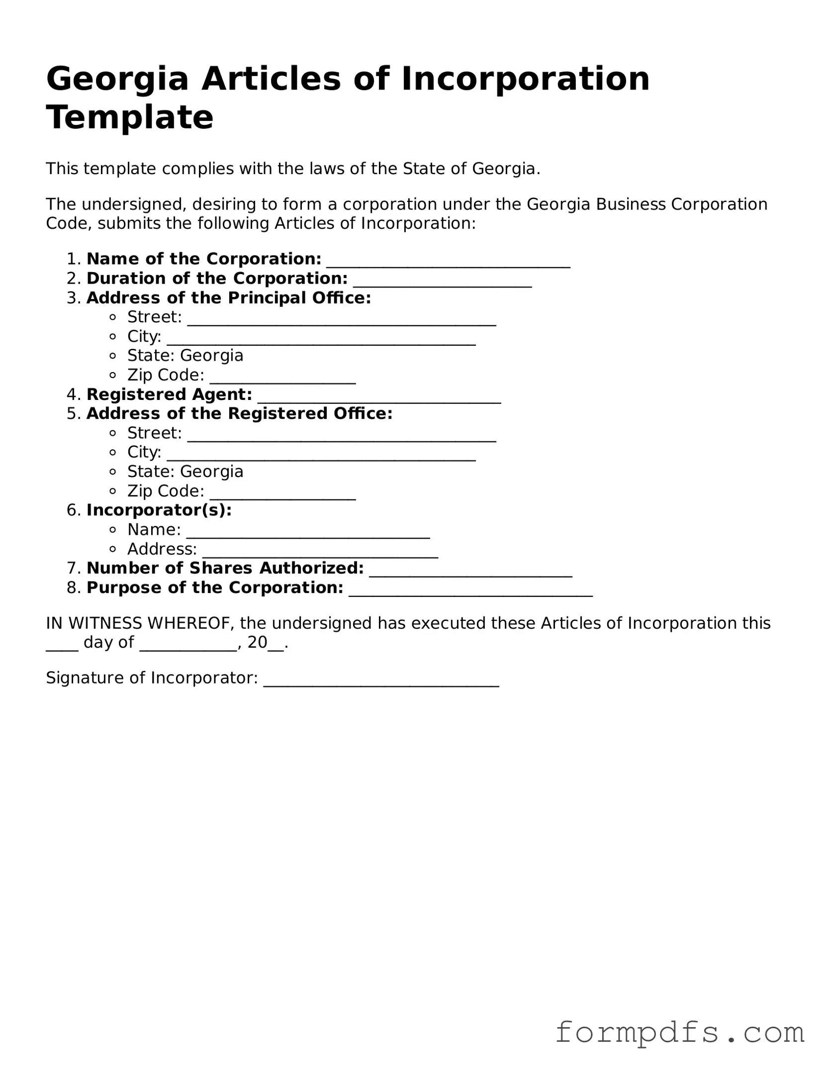 Printable Articles of Incorporation Form for the State of Georgia