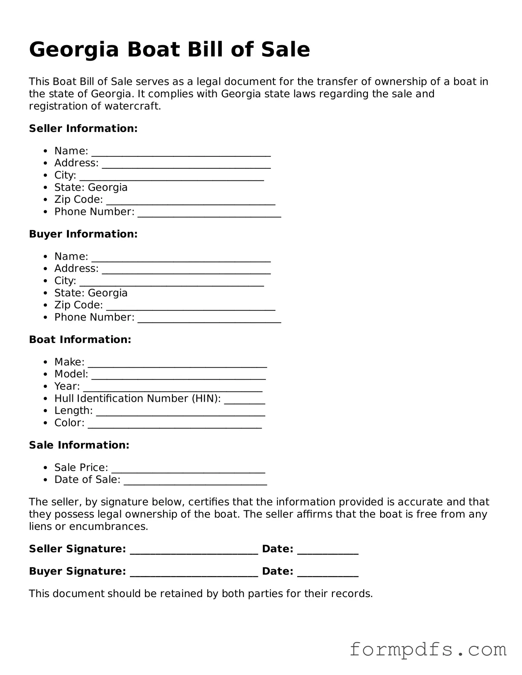 Printable Boat Bill of Sale Form for the State of Georgia