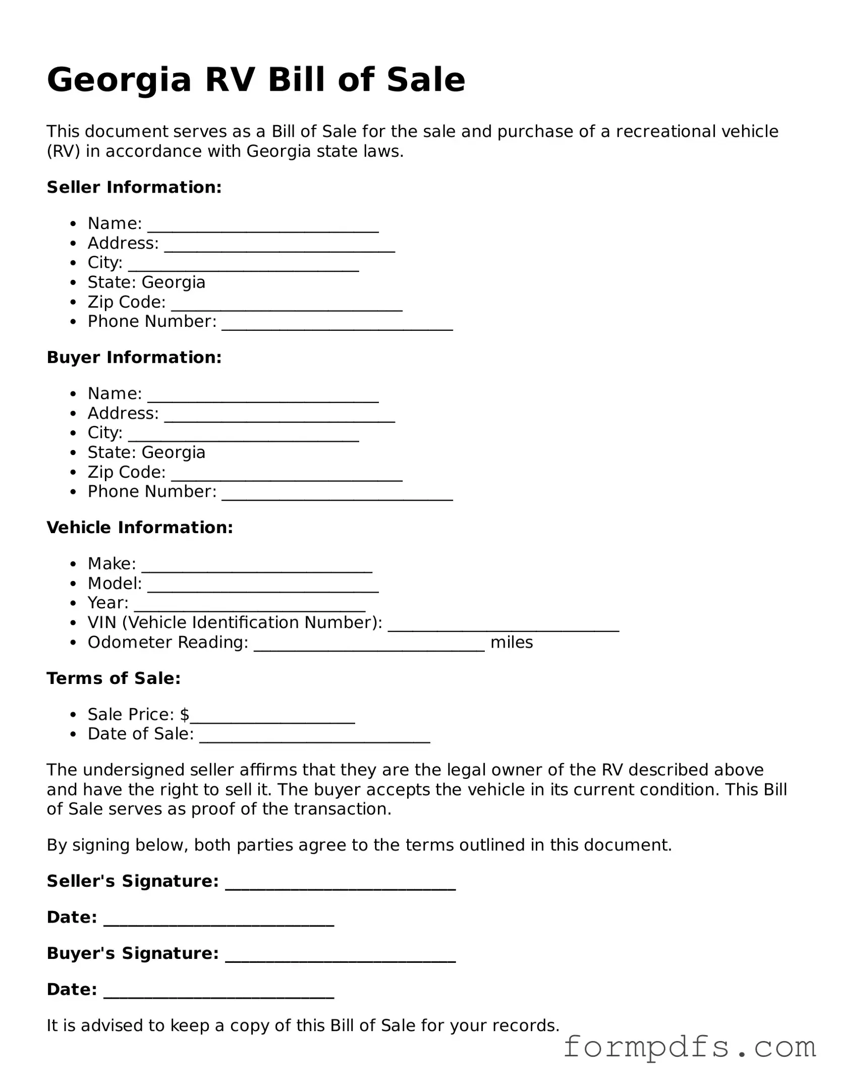 Printable RV Bill of Sale Form for the State of Georgia