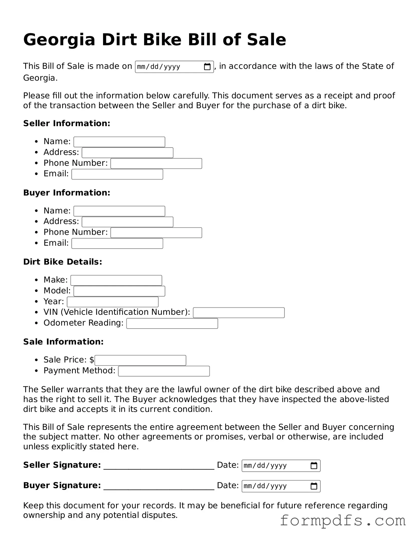 Printable Dirt Bike Bill of Sale Form for the State of Georgia