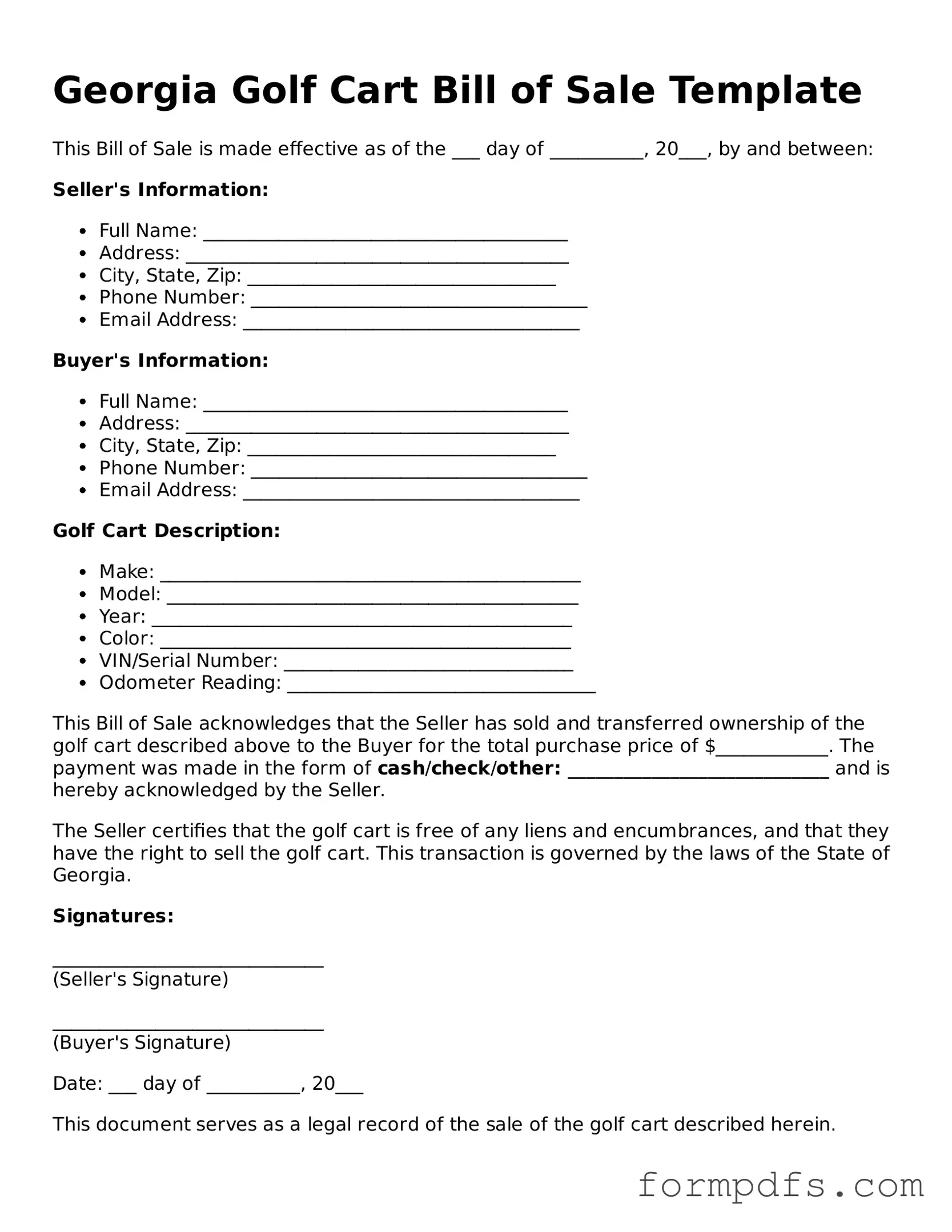 Printable Golf Cart Bill of Sale Form for the State of Georgia