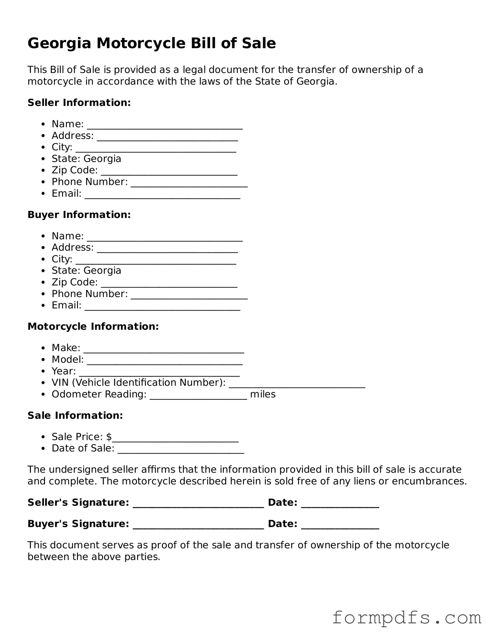 Printable Motorcycle Bill of Sale Form for the State of Georgia