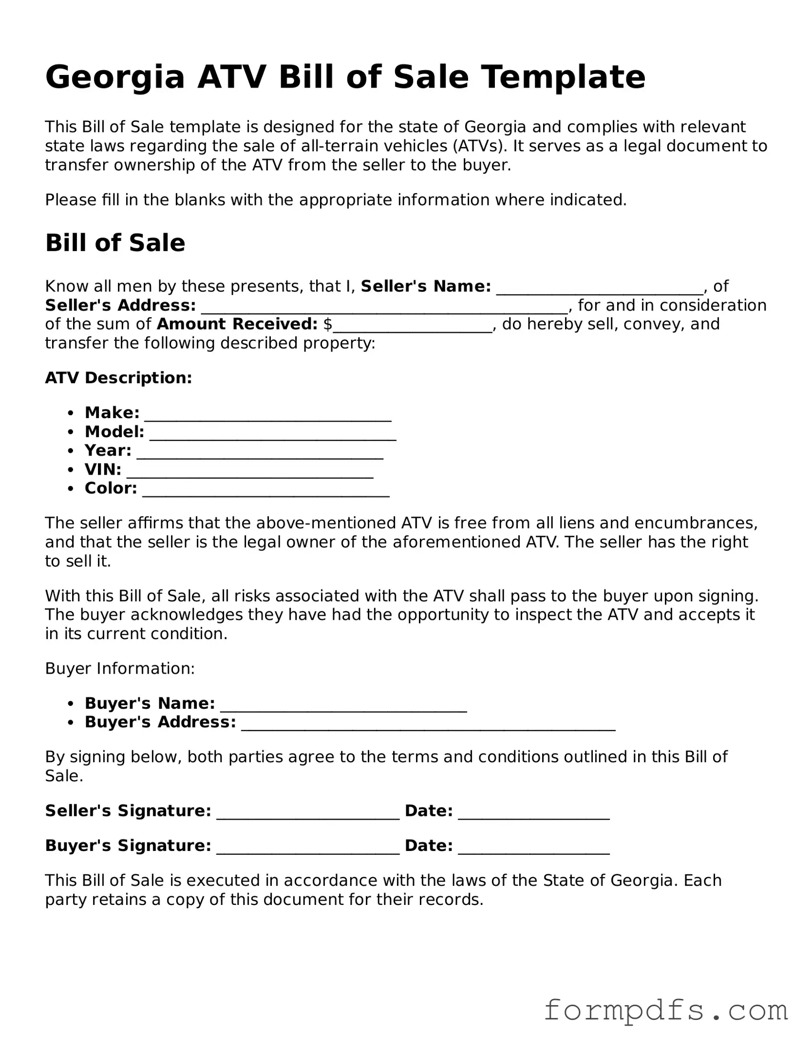 Printable ATV Bill of Sale Form for the State of Georgia