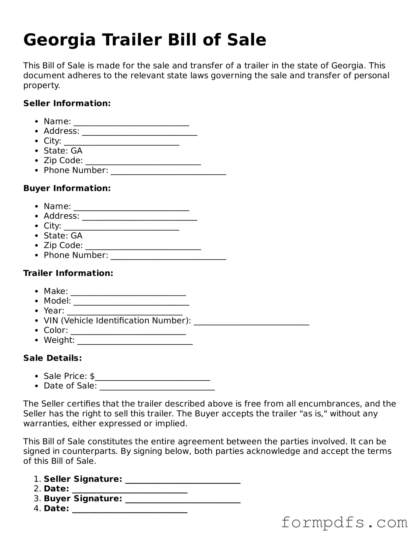 Printable Trailer Bill of Sale Form for the State of Georgia