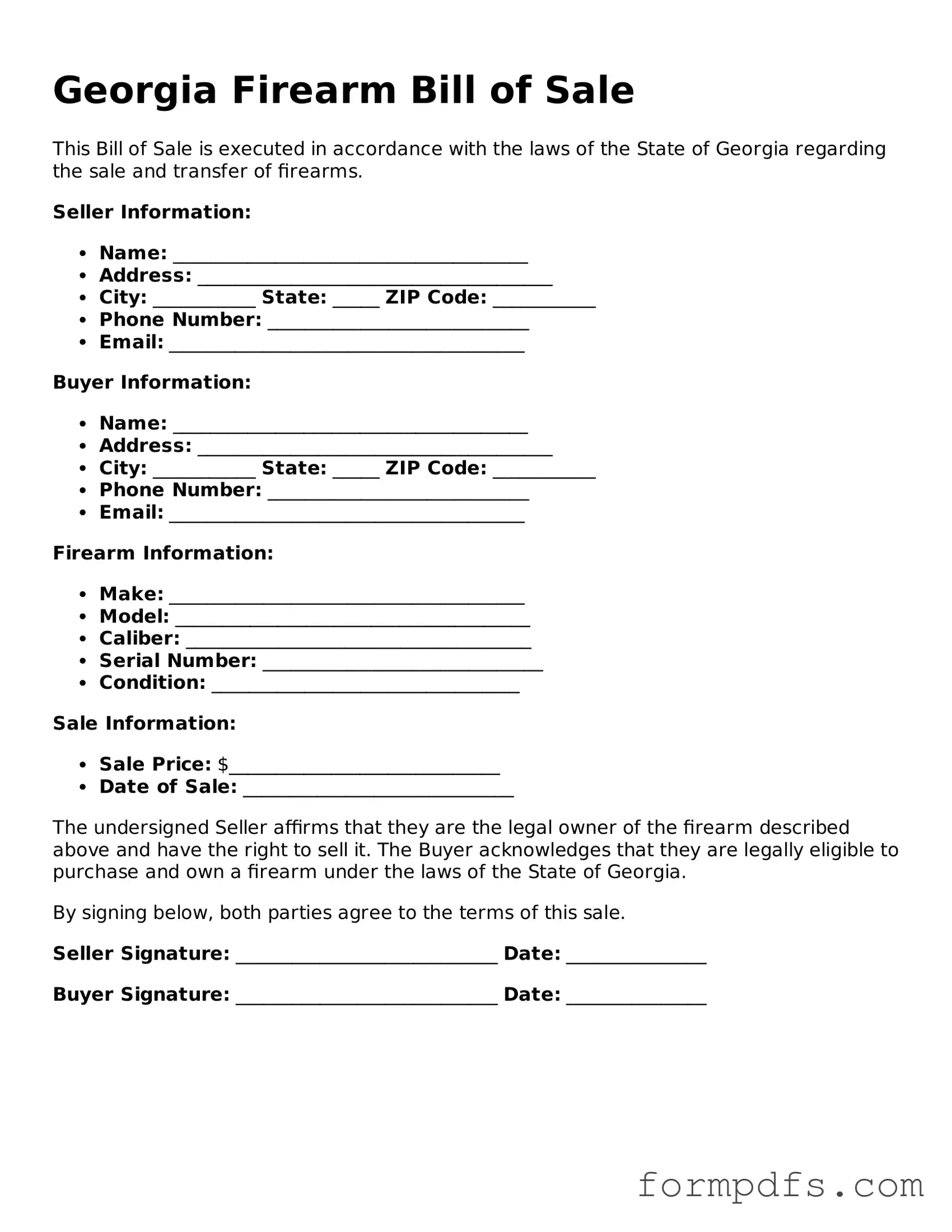 Printable Firearm Bill of Sale Form for the State of Georgia