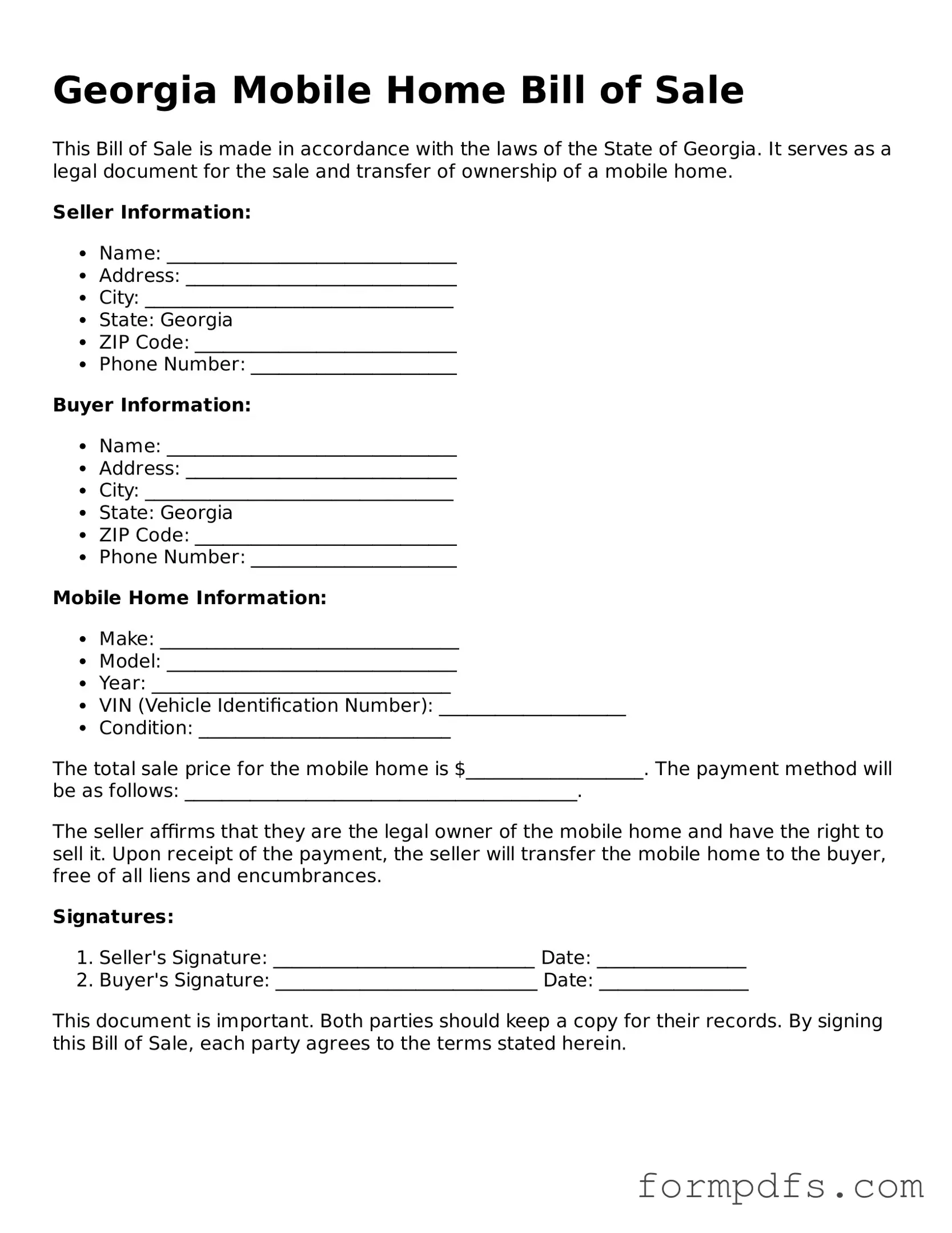 Printable Mobile Home Bill of Sale Form for the State of Georgia