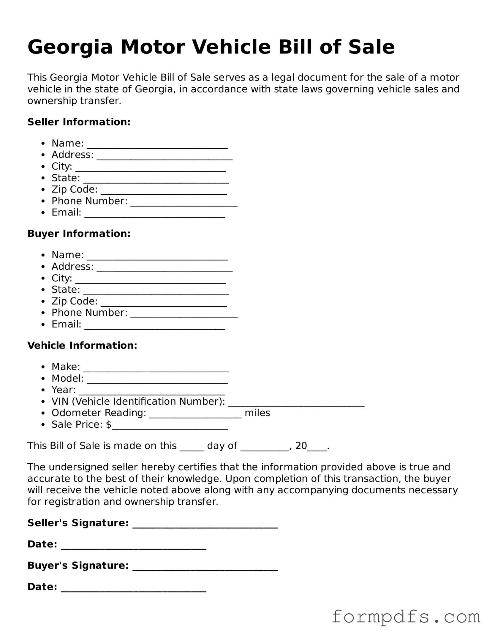 Printable Motor Vehicle Bill of Sale Form for the State of Georgia