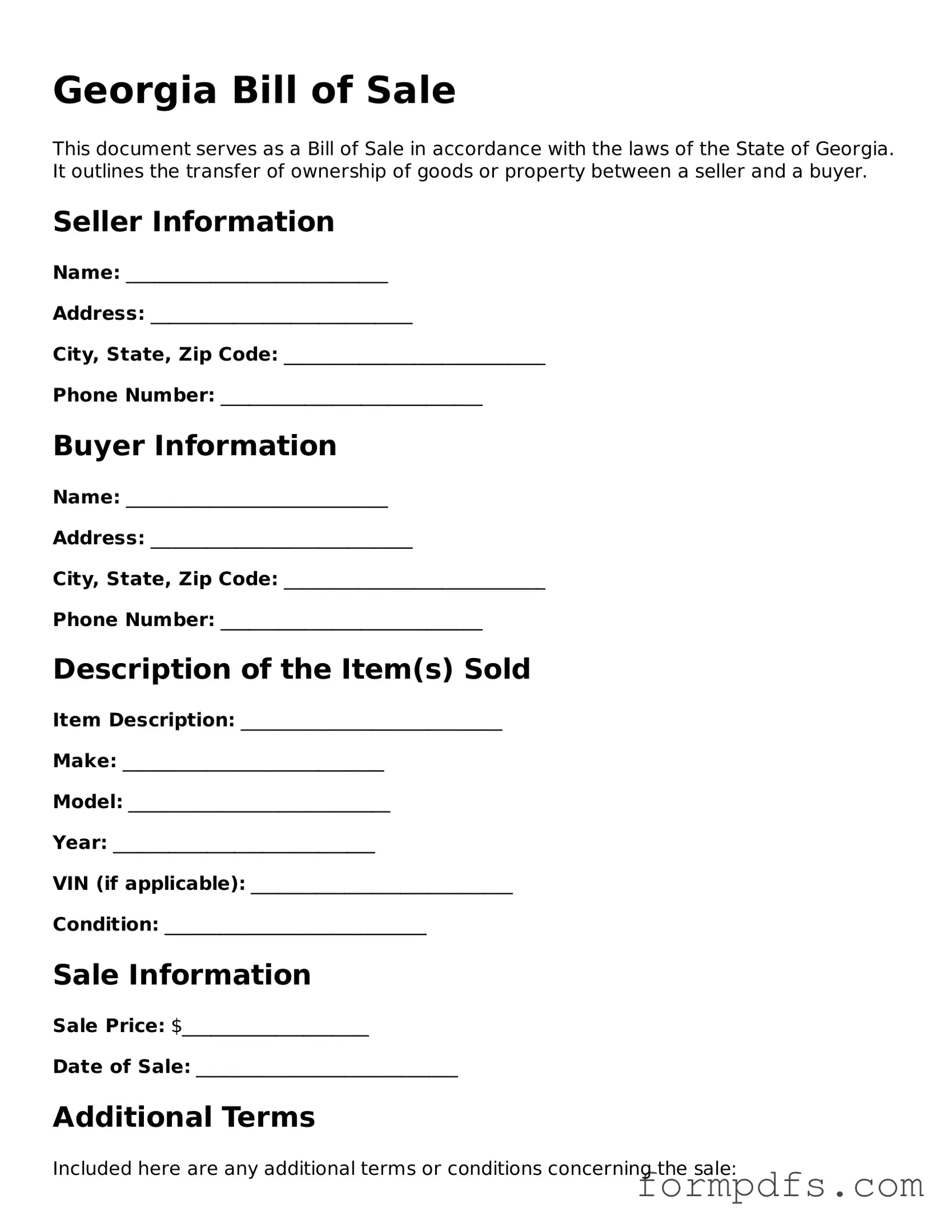 Printable Bill of Sale Form for the State of Georgia