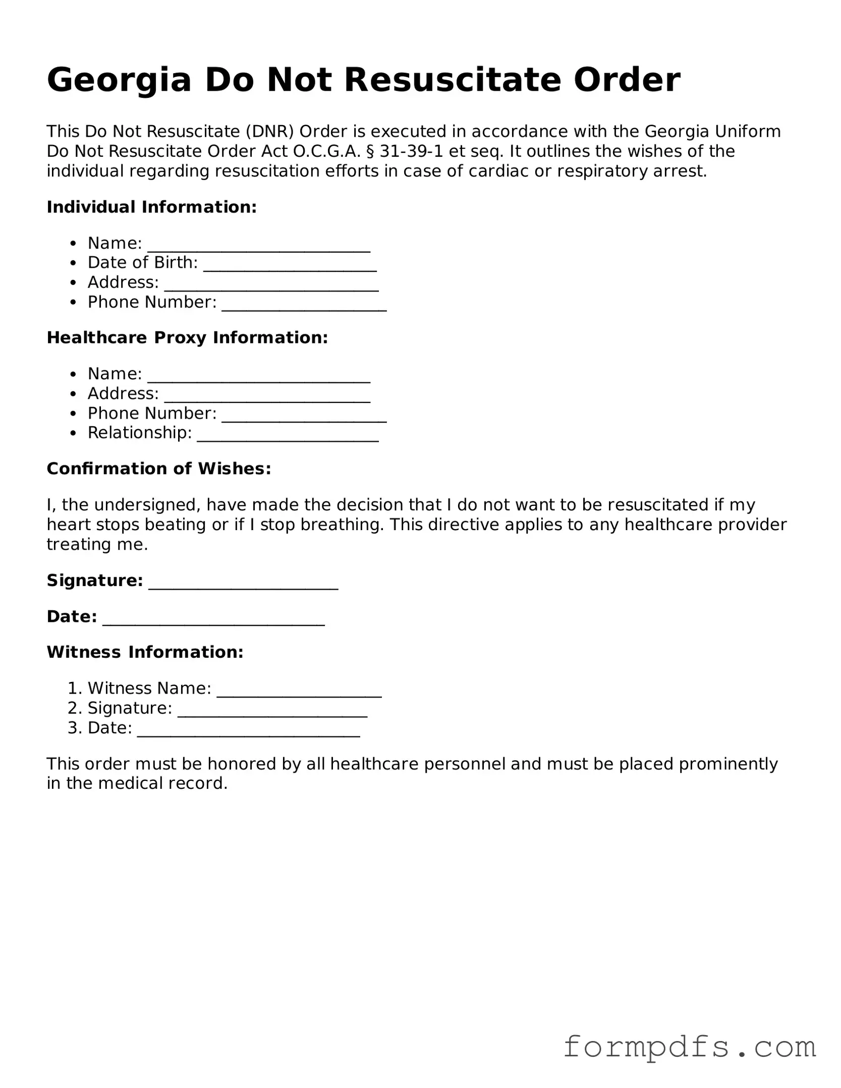 Printable Do Not Resuscitate Order Form for the State of Georgia