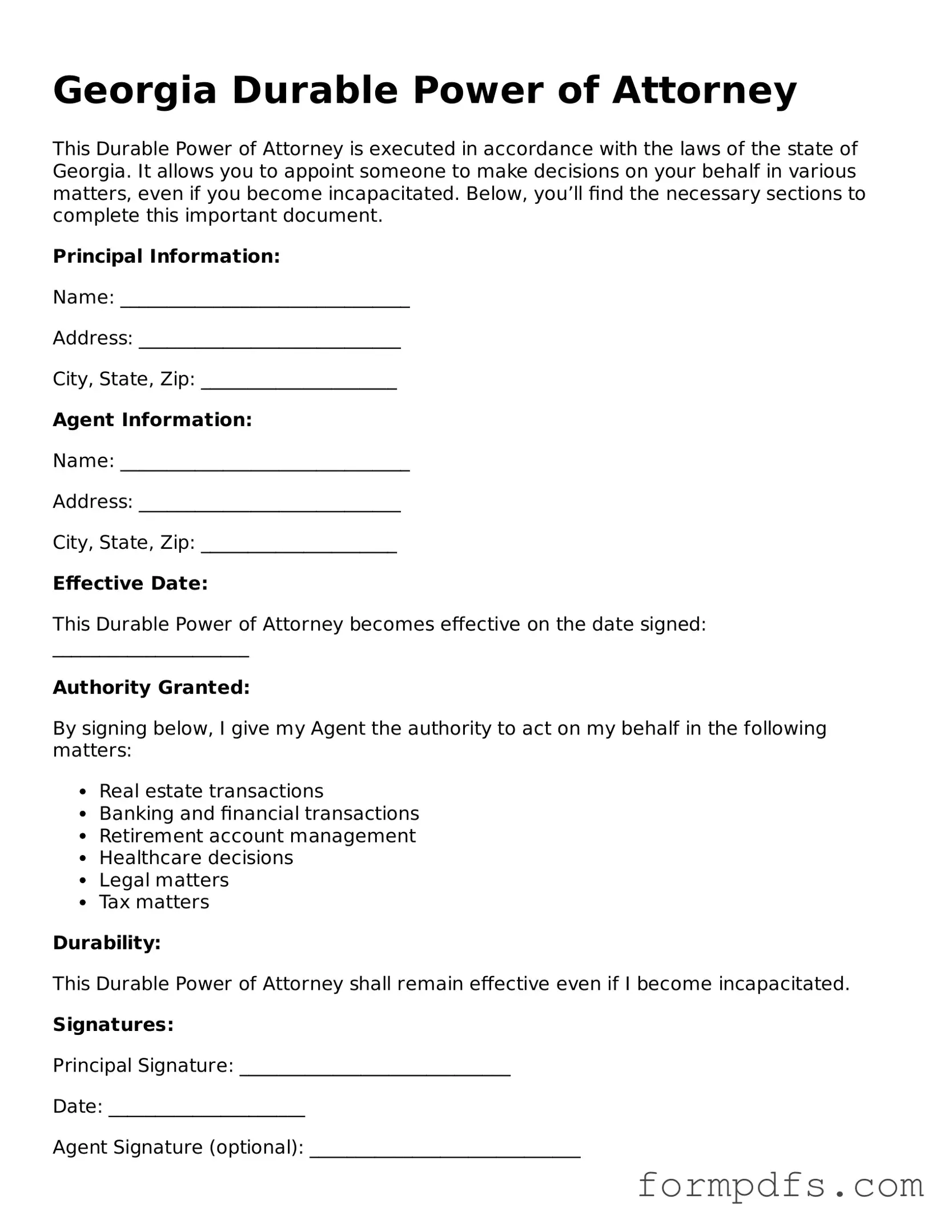 Printable Durable Power of Attorney Form for the State of Georgia