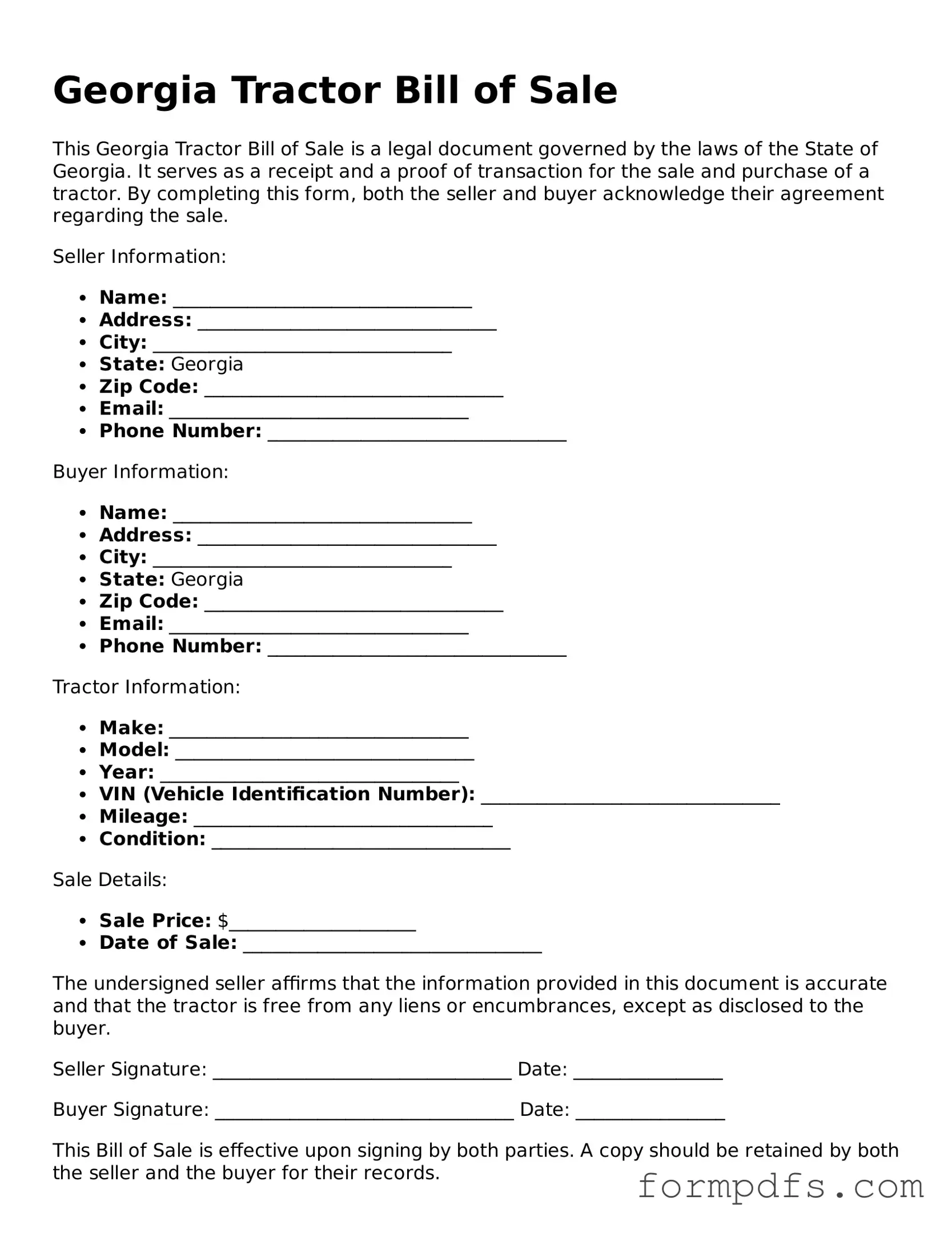 Printable Tractor Bill of Sale Form for the State of Georgia