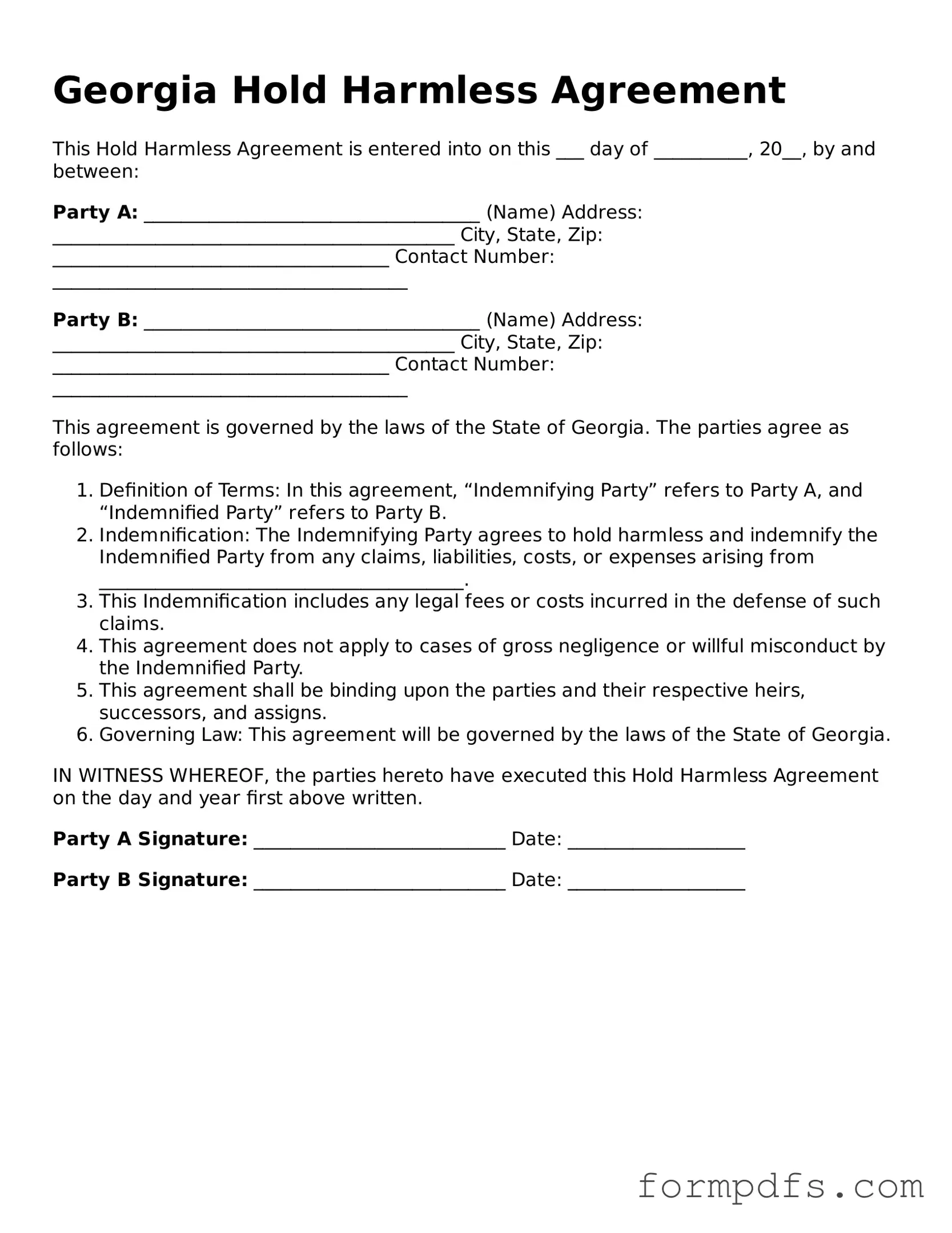 Printable Hold Harmless Agreement Form for the State of Georgia