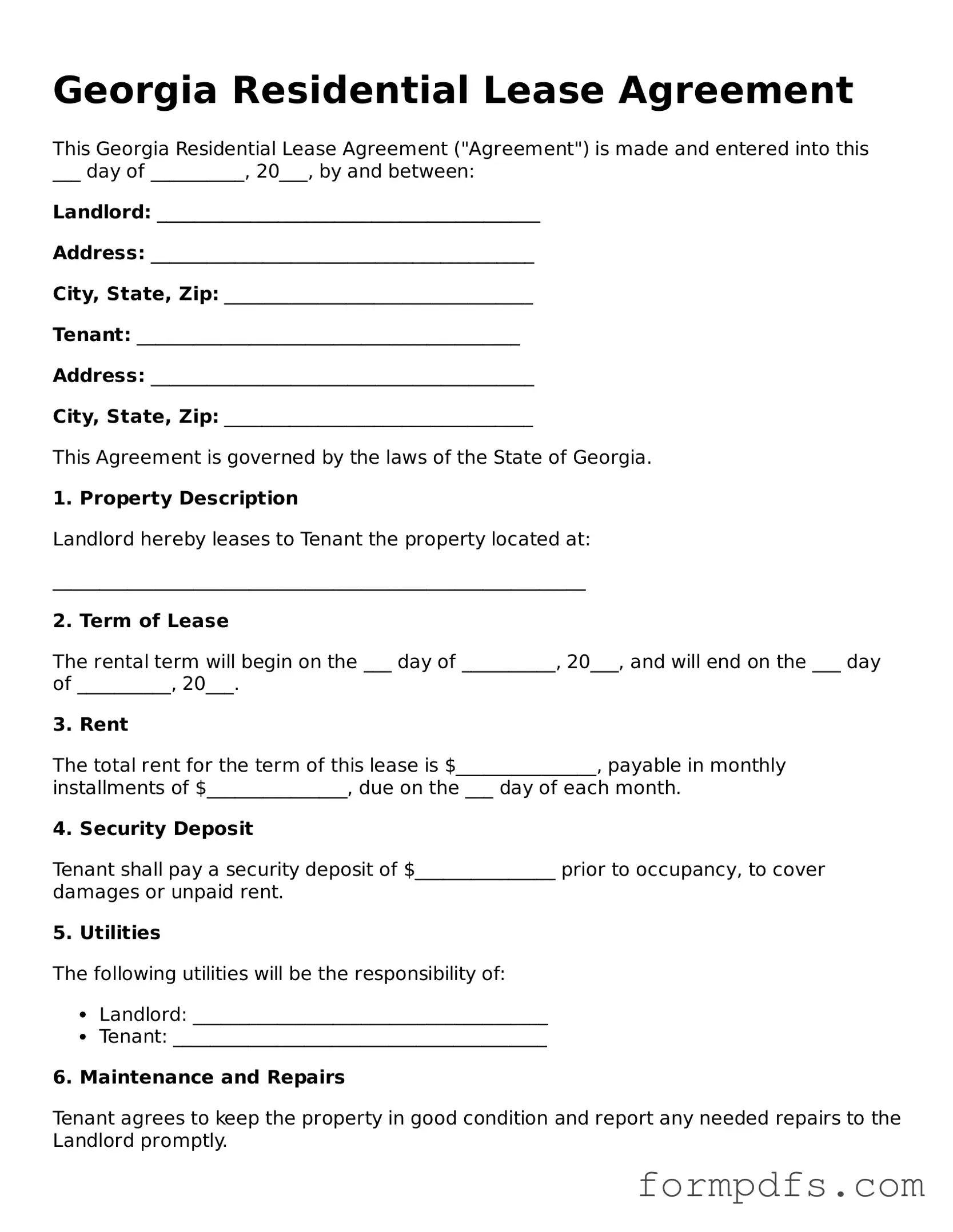 Printable Residential Lease Agreement Form for the State of Georgia