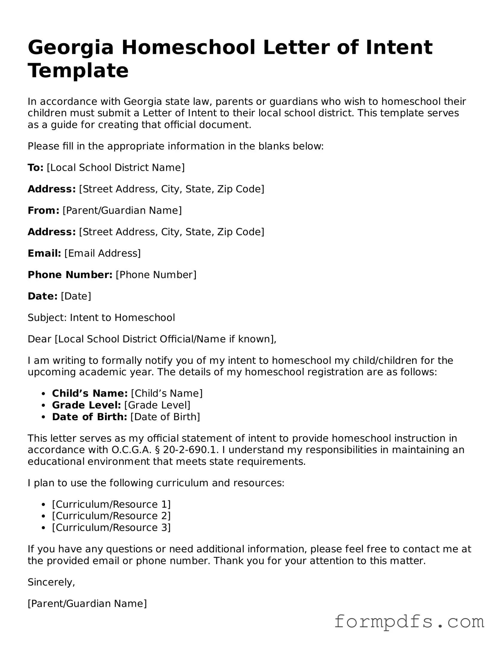 Printable Homeschool Letter of Intent Form for the State of Georgia