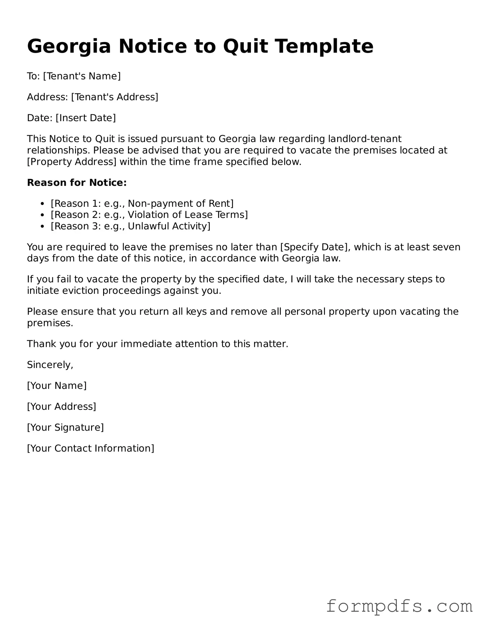 Printable Notice to Quit Form for the State of Georgia
