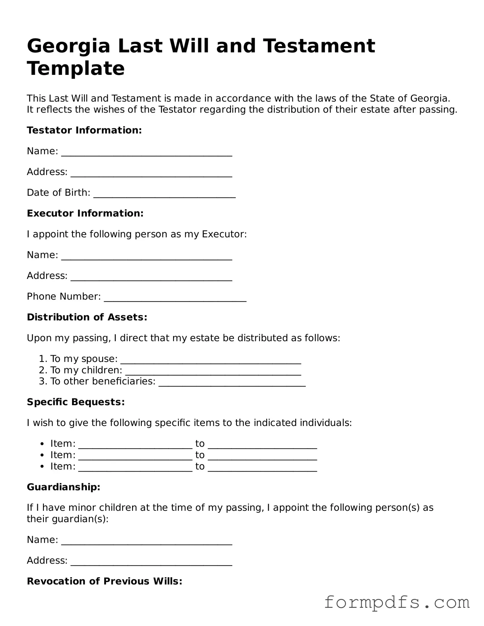 Printable Last Will and Testament Form for the State of Georgia