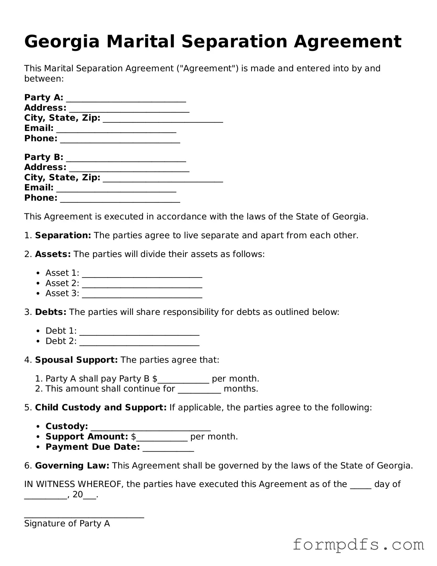 Printable Marital Separation Agreement Form for the State of Georgia