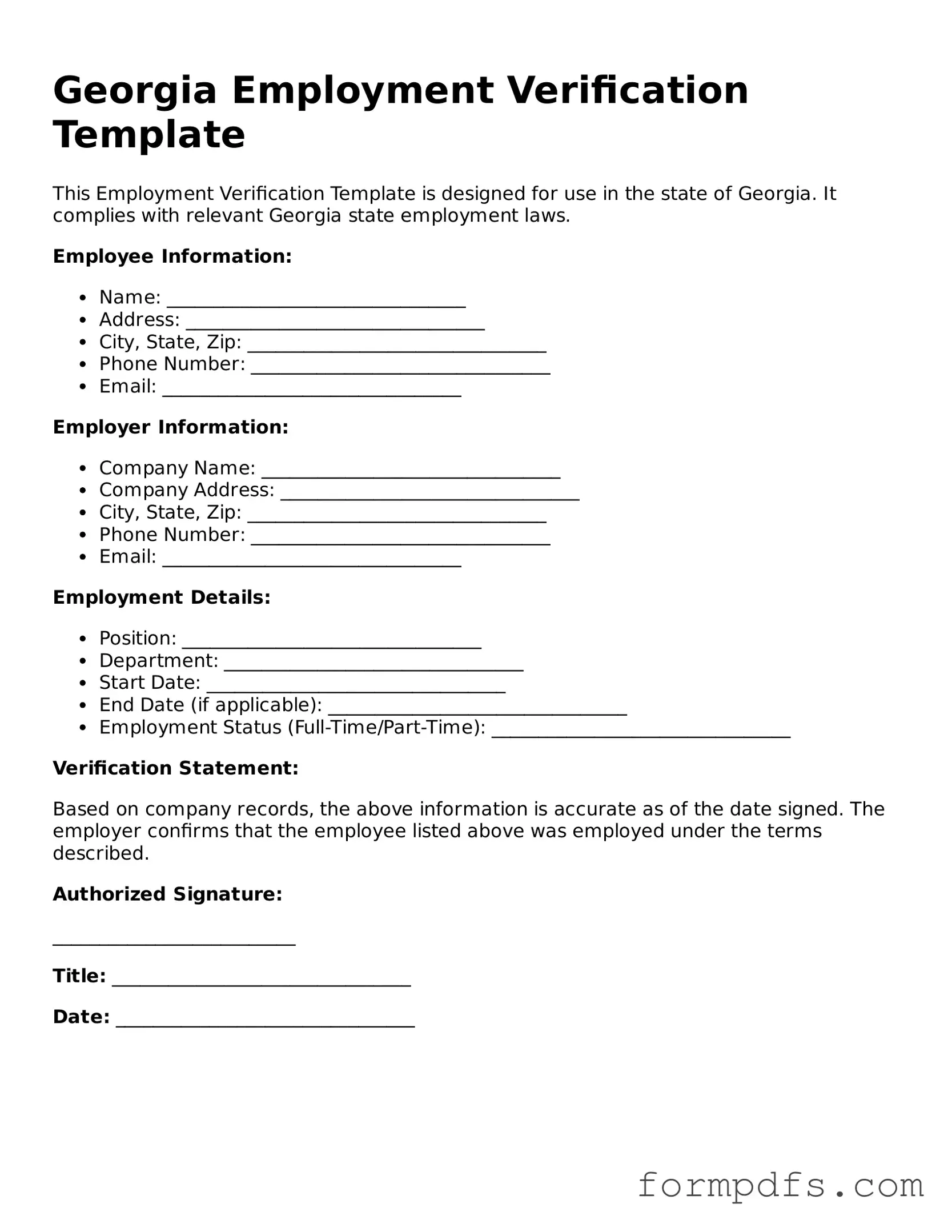 Printable Employment Verification Form for the State of Georgia