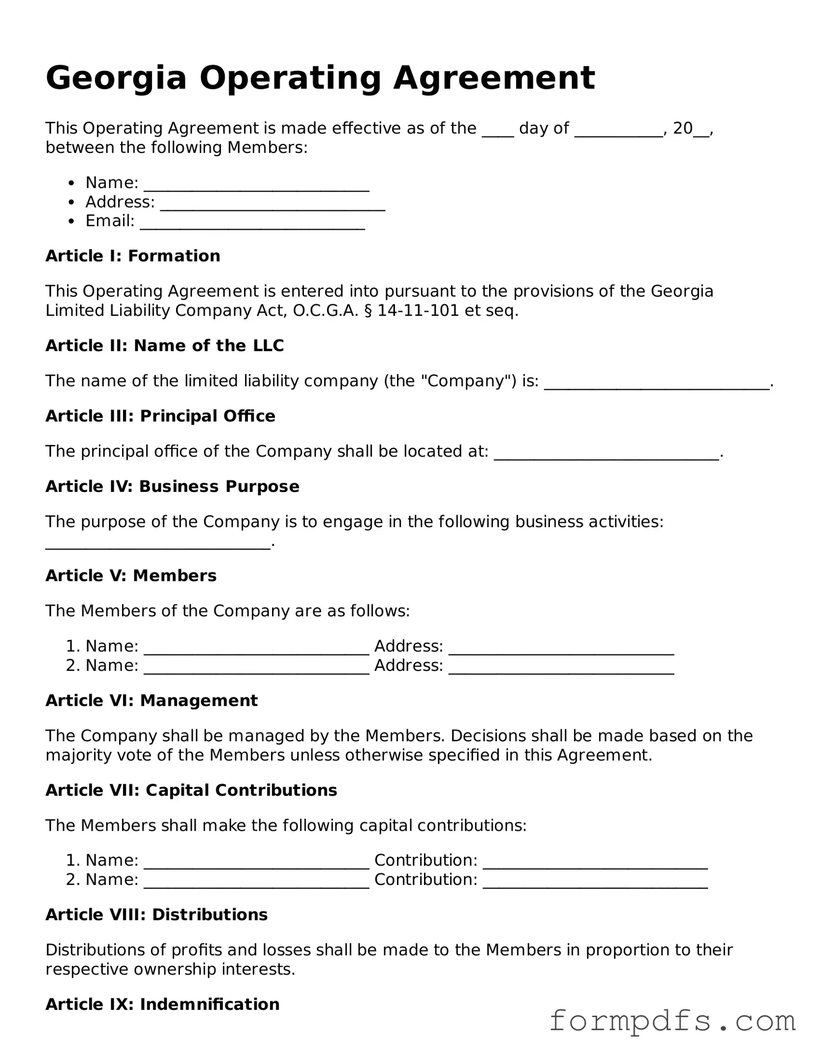 Printable Operating Agreement Form for the State of Georgia