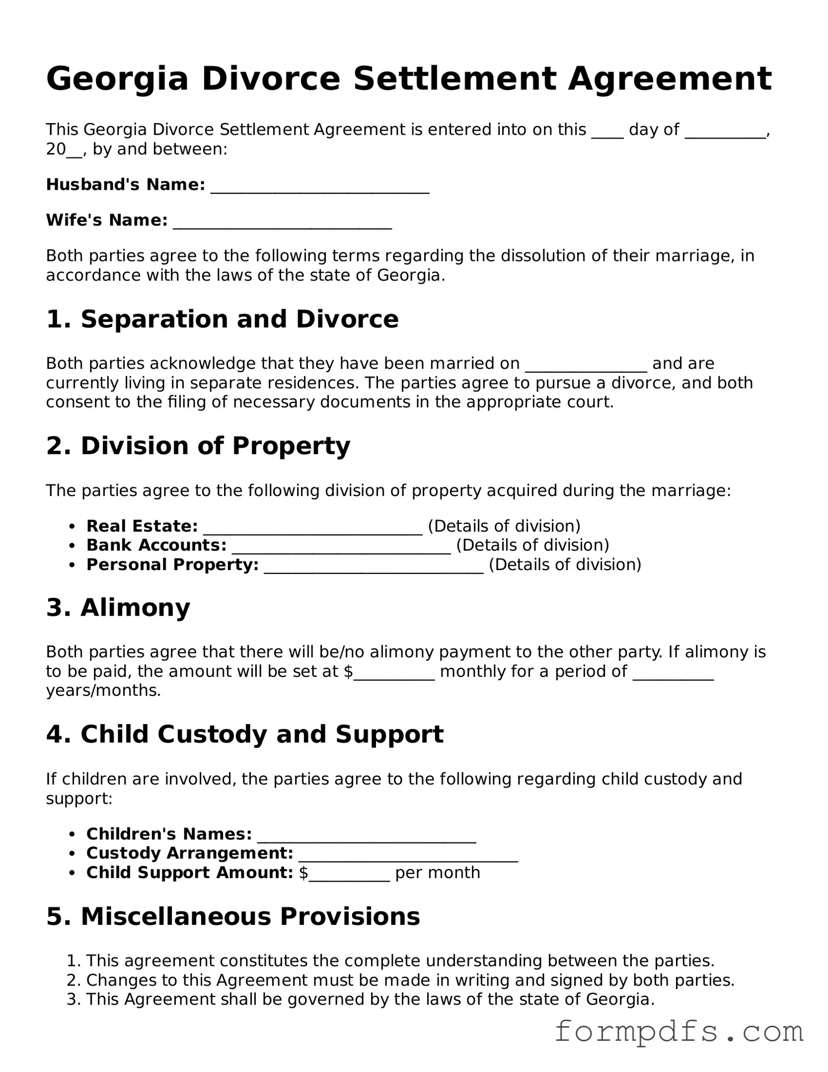 Printable Divorce Settlement Agreement Form for the State of Georgia