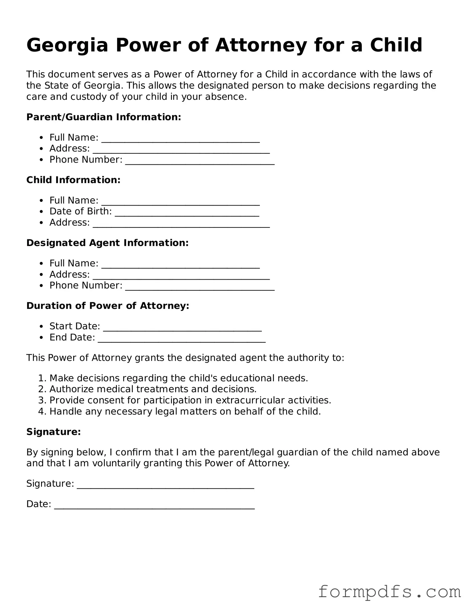 Printable Power of Attorney for a Child Form for the State of Georgia