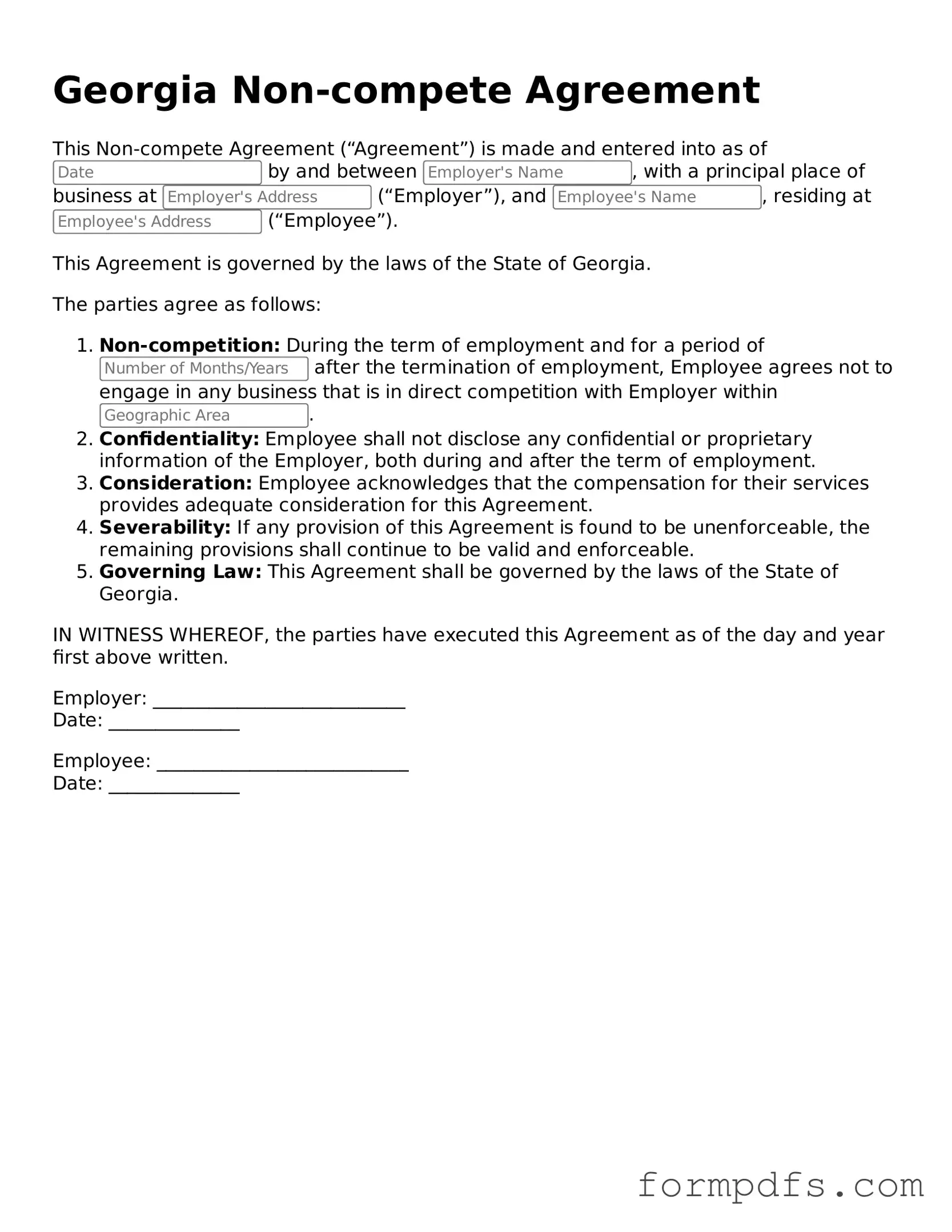 Printable Non-compete Agreement Form for the State of Georgia