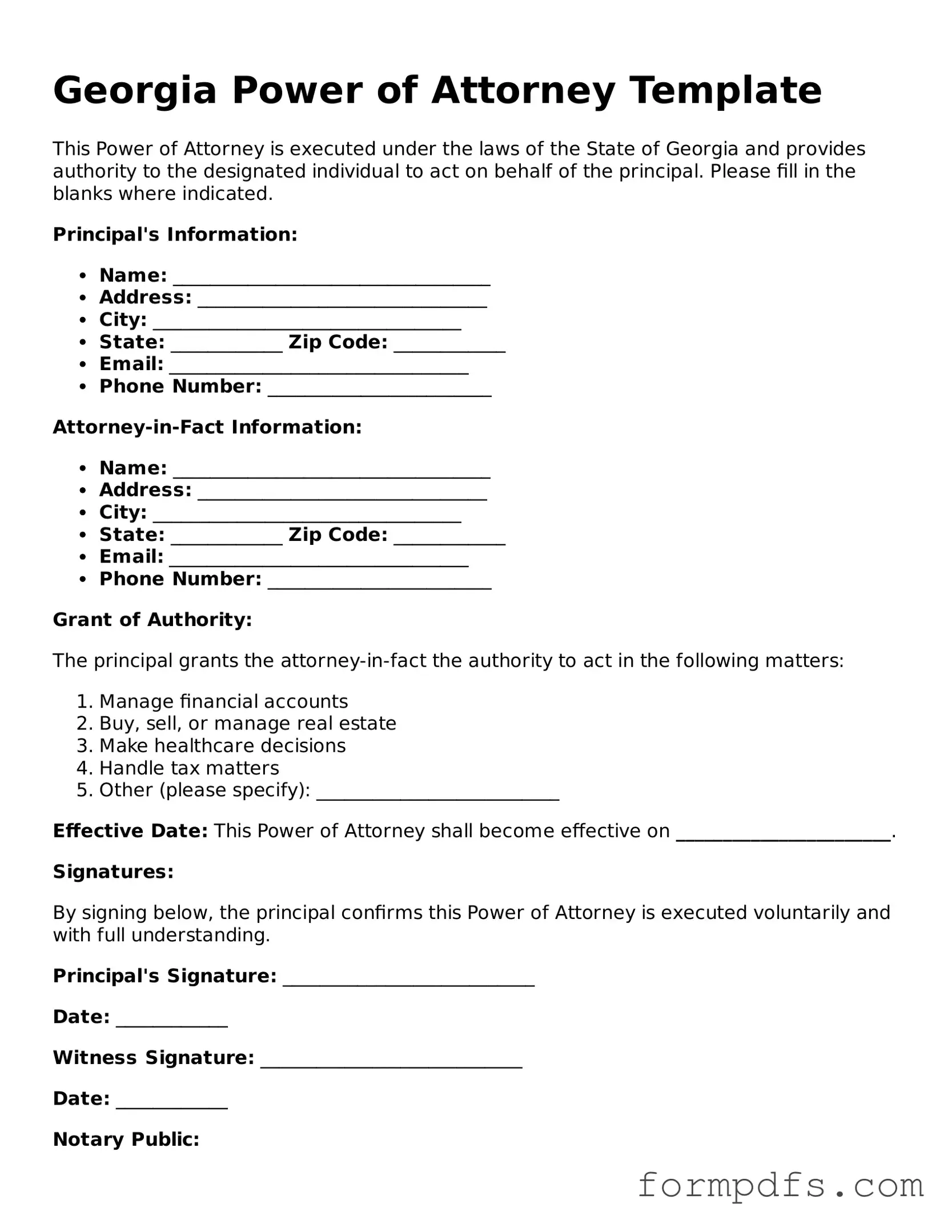 Printable Power of Attorney Form for the State of Georgia