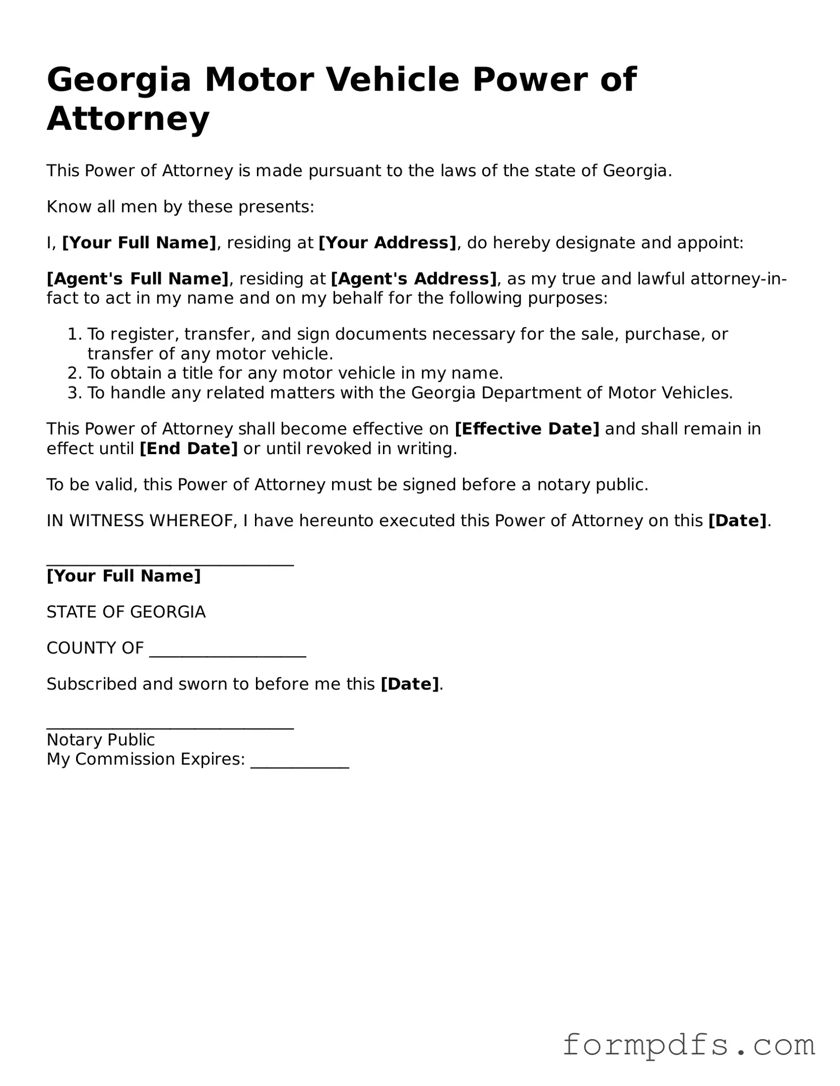Printable Motor Vehicle Power of Attorney Form for the State of Georgia