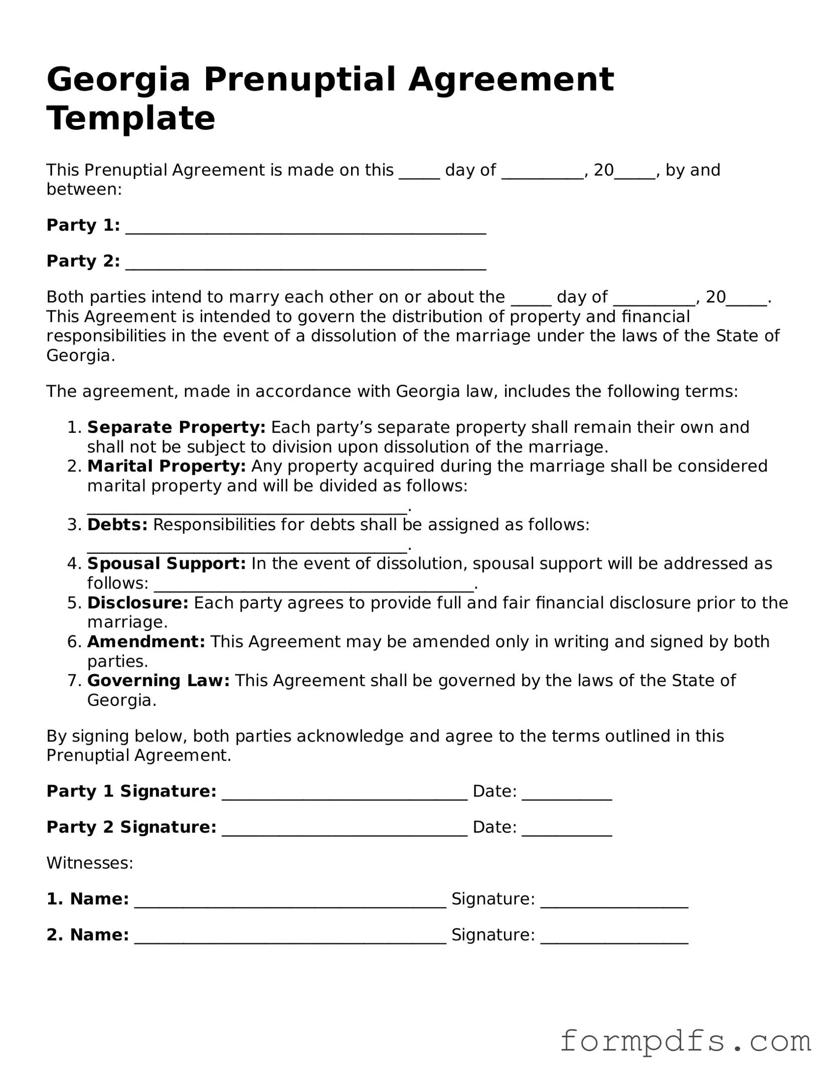 Printable Prenuptial Agreement Form for the State of Georgia