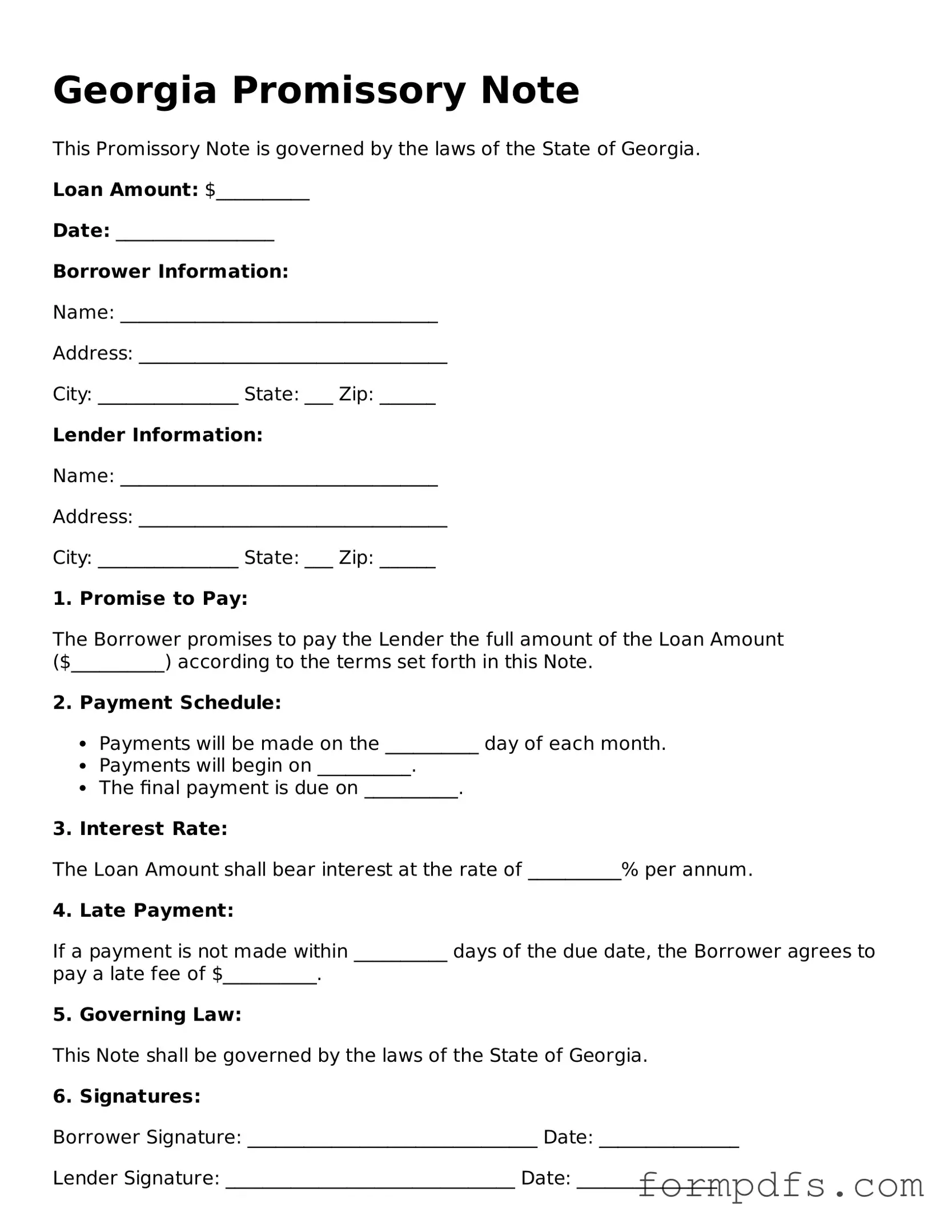 Printable Promissory Note Form for the State of Georgia