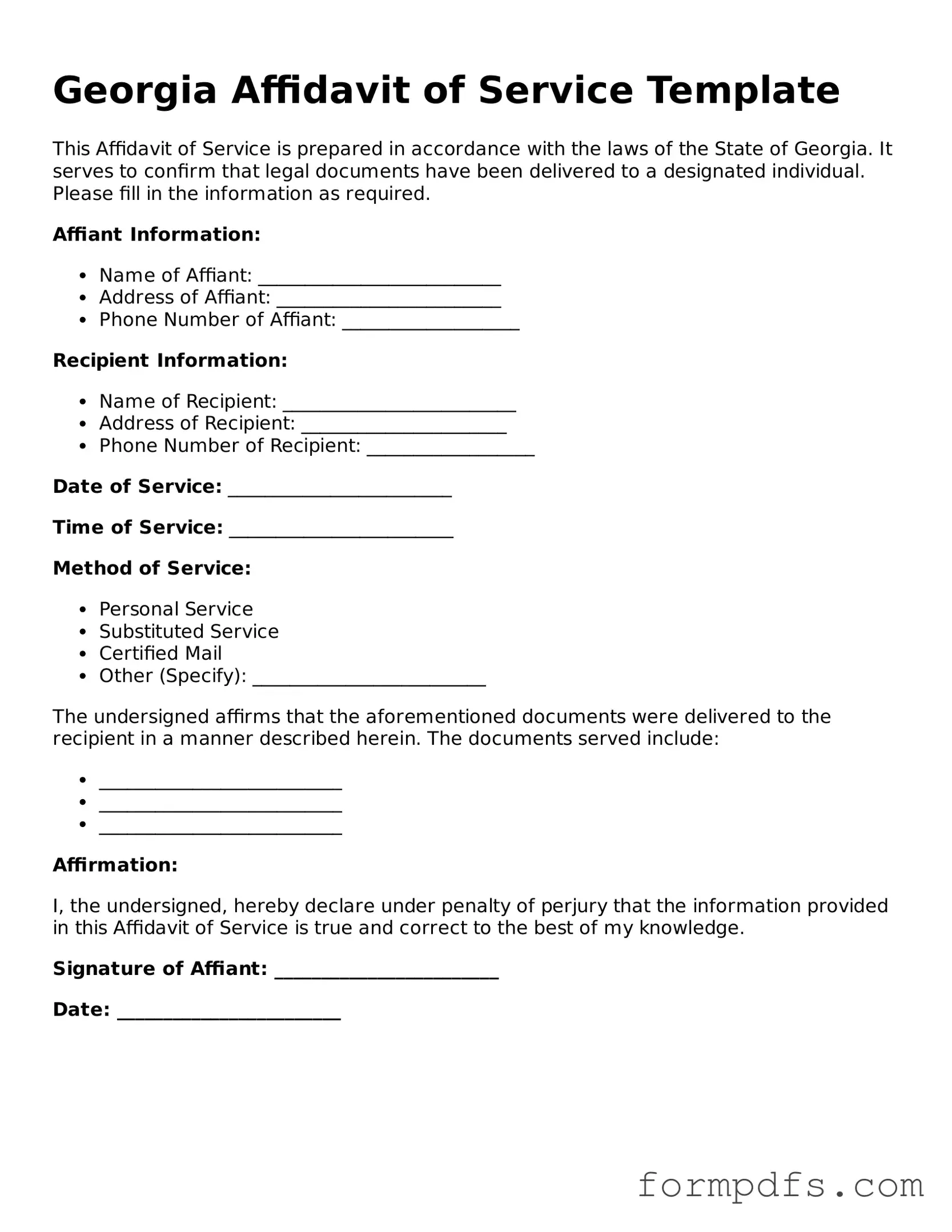 Printable Affidavit of Service Form for the State of Georgia