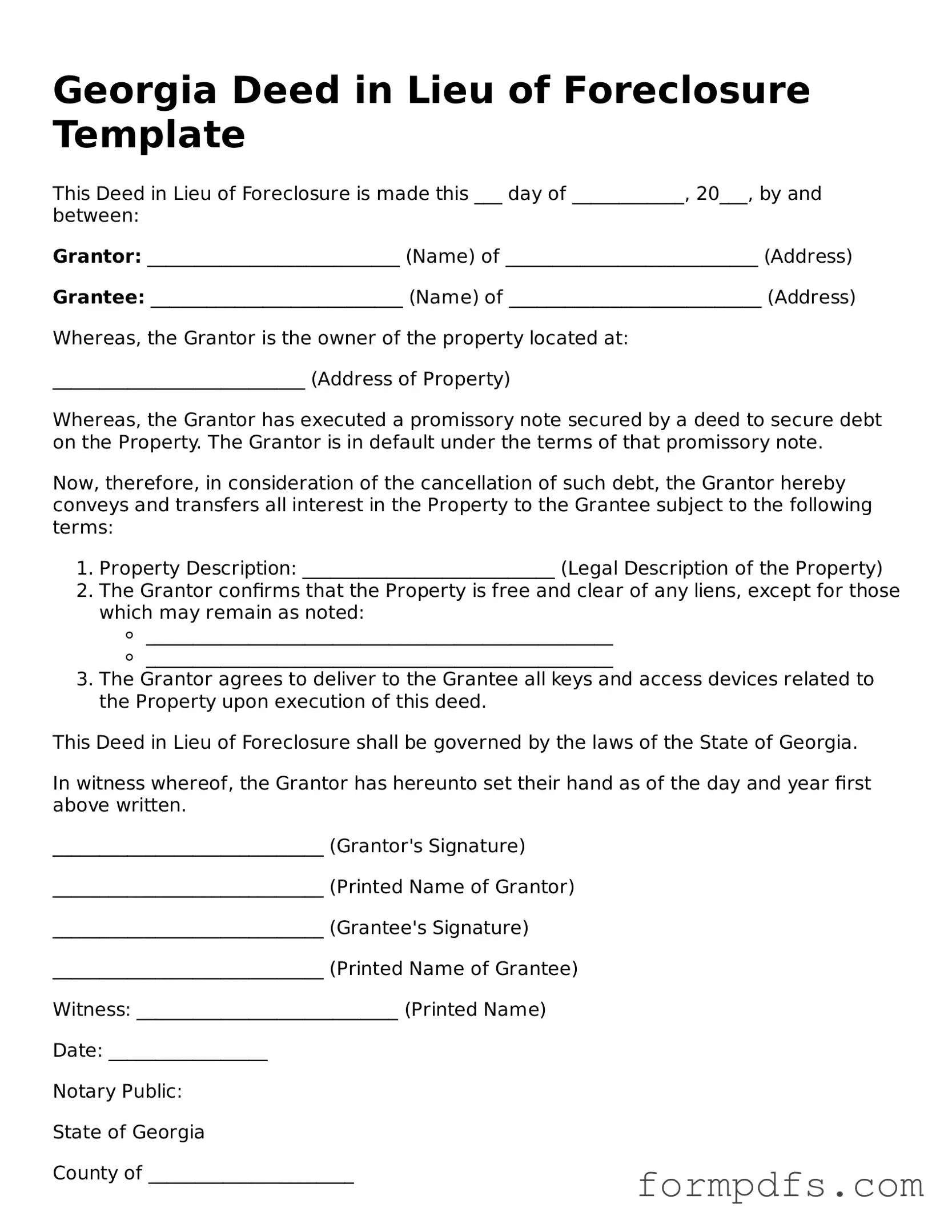 Printable Deed in Lieu of Foreclosure Form for the State of Georgia
