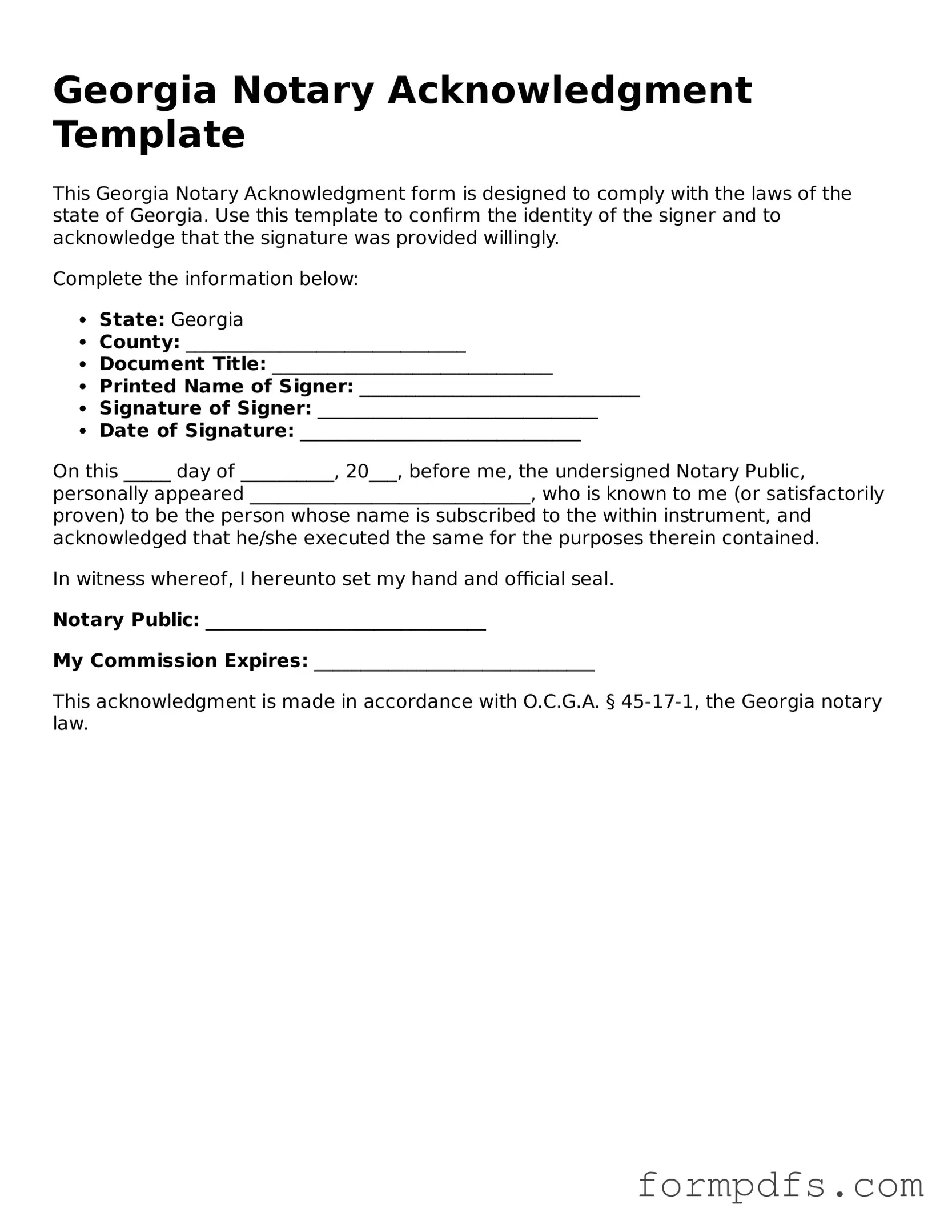 Printable Notary Acknowledgement Form for the State of Georgia