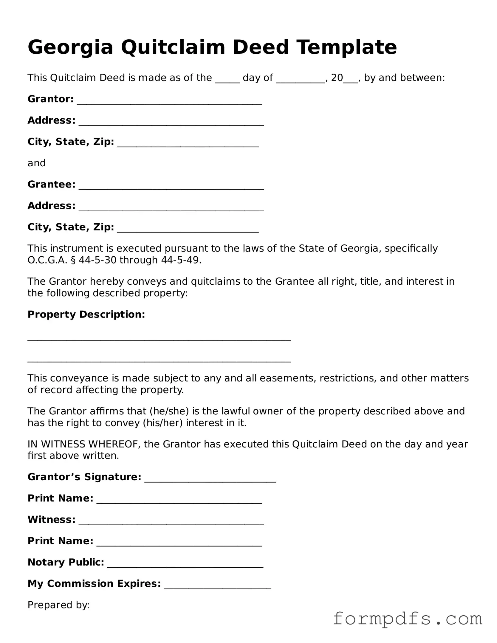 Printable Quitclaim Deed Form for the State of Georgia