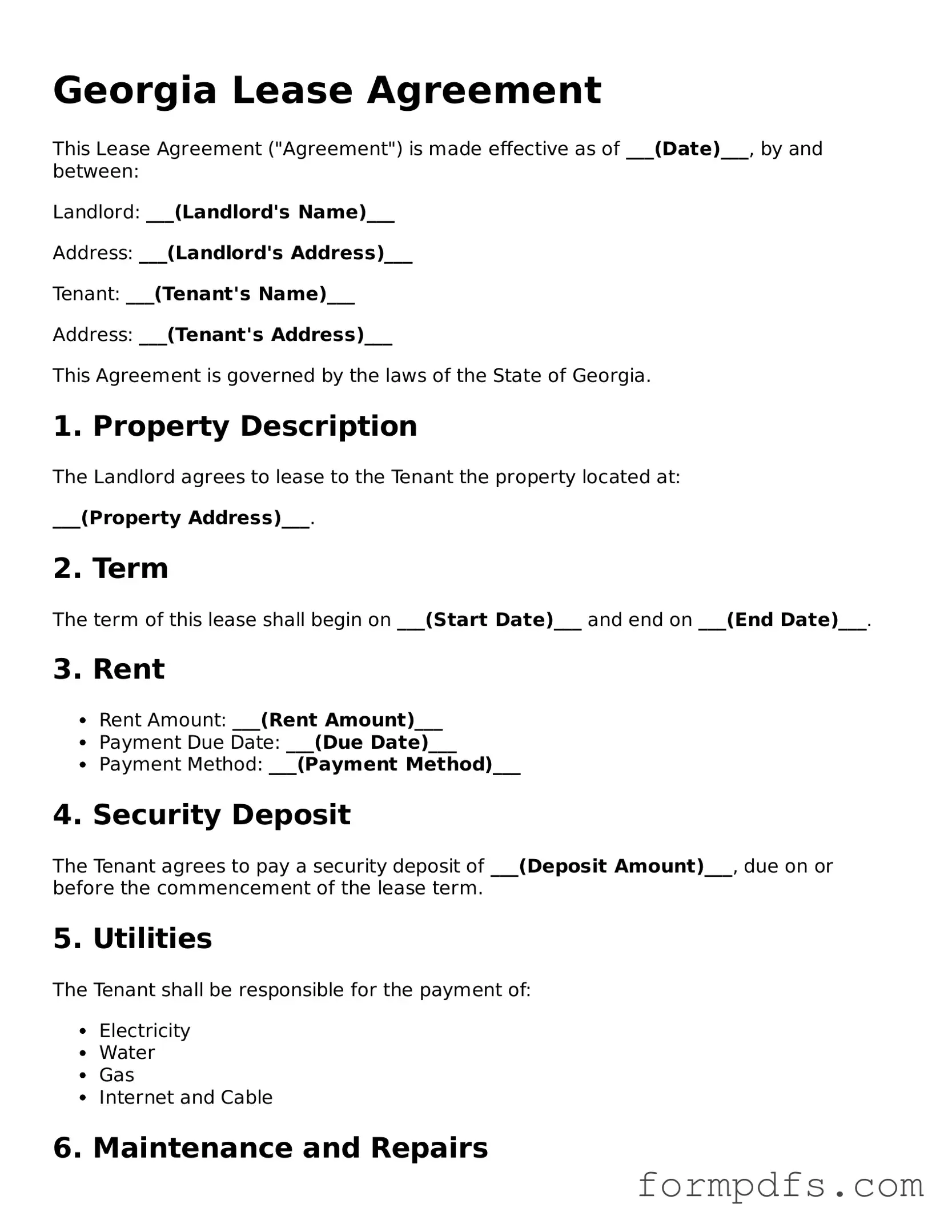Printable Lease Agreement Form for the State of Georgia