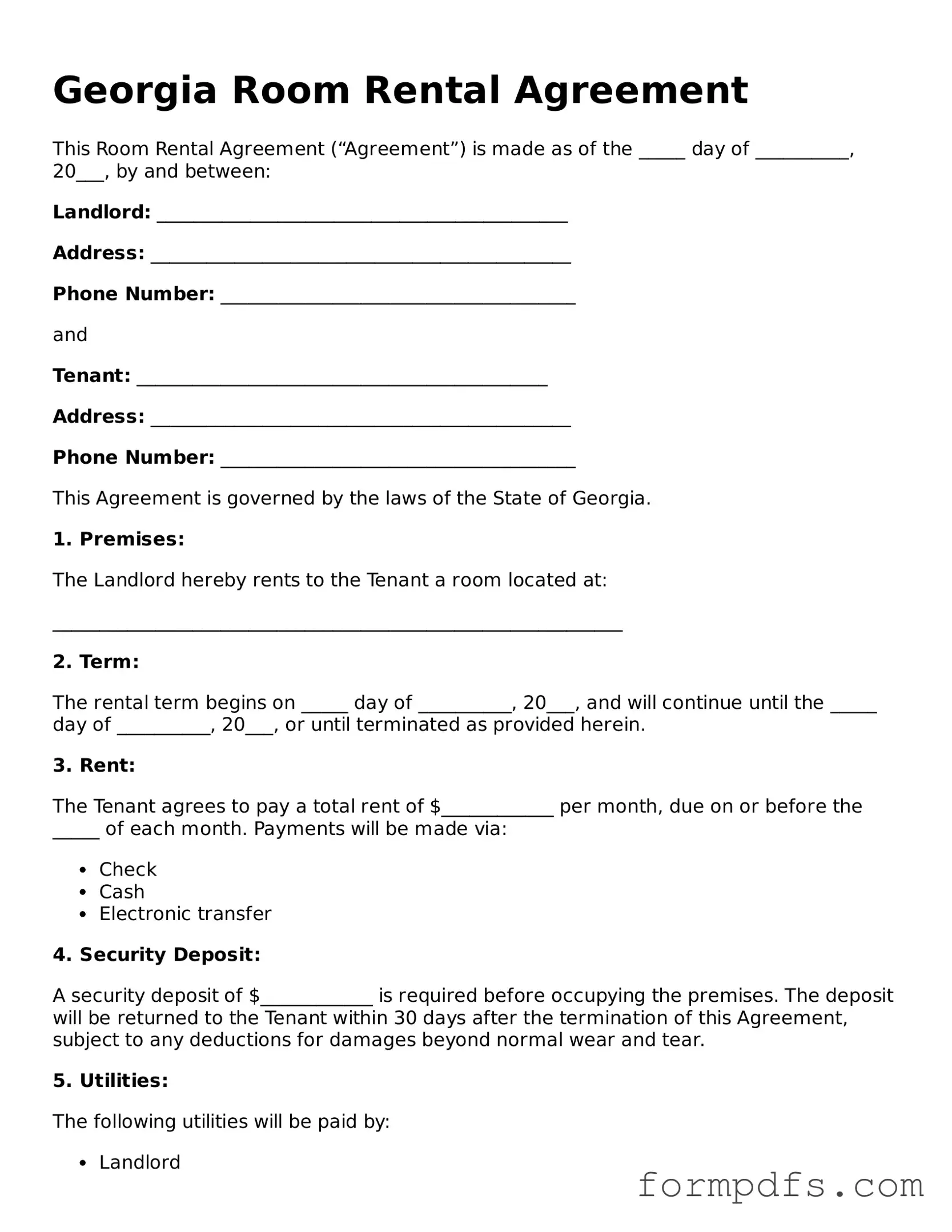 Printable Room Rental Agreement Form for the State of Georgia