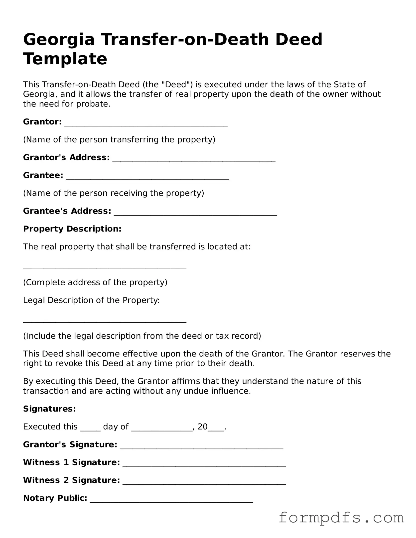 Printable Transfer-on-Death Deed Form for the State of Georgia