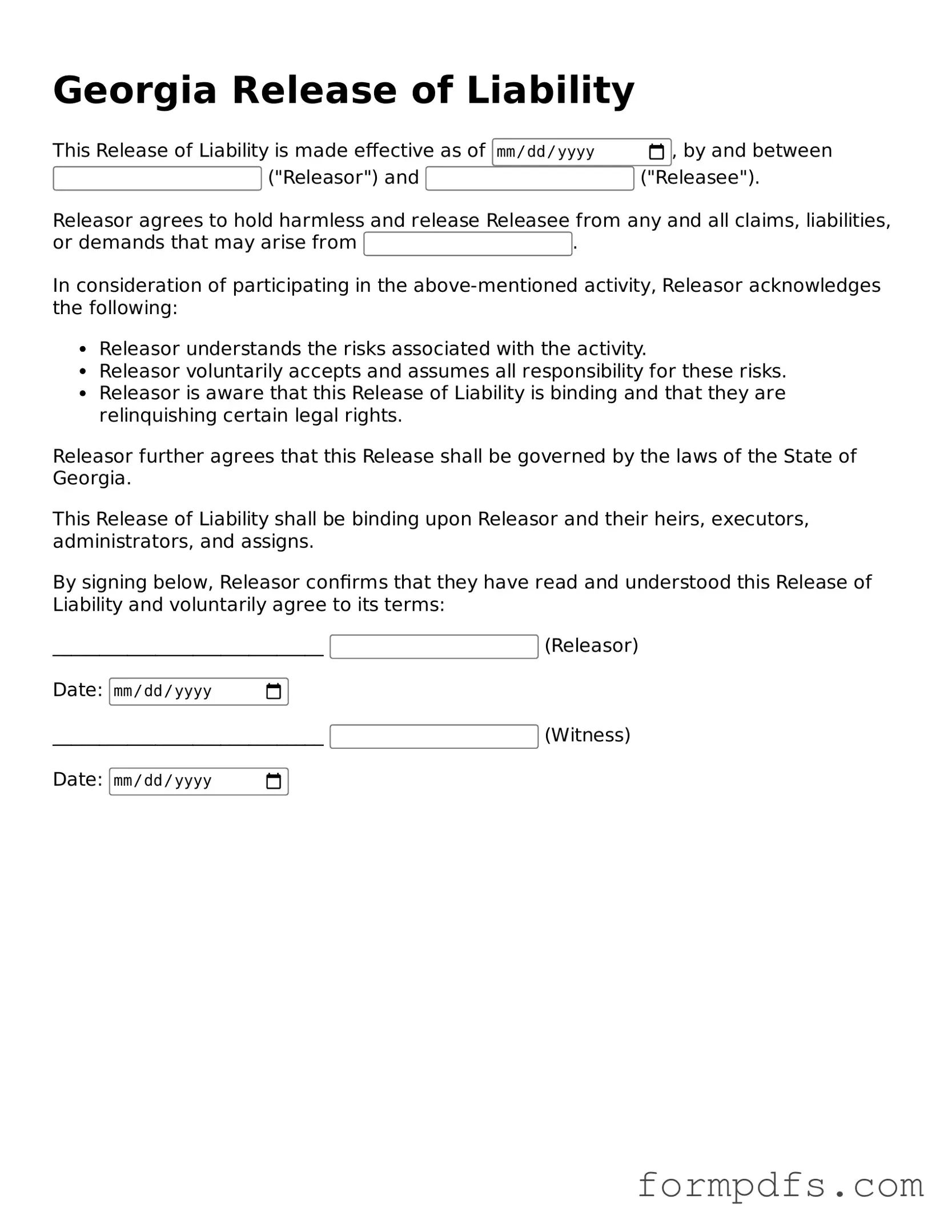 Printable Release of Liability Form for the State of Georgia